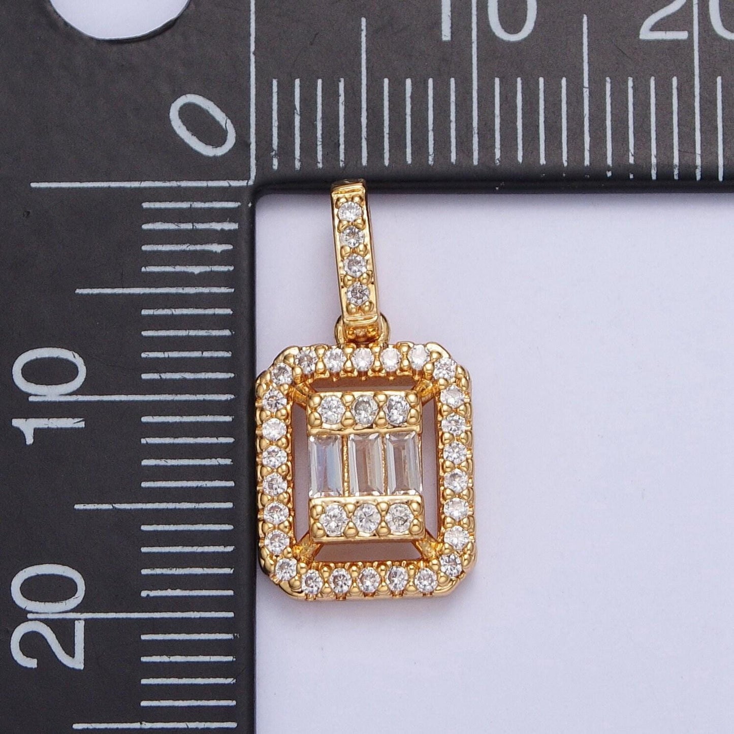 24k gold filled rectangular w. micro pave cubic zirconia cz baguette stones pendant, dainty rectangle baguette cz charm for necklace | x-455