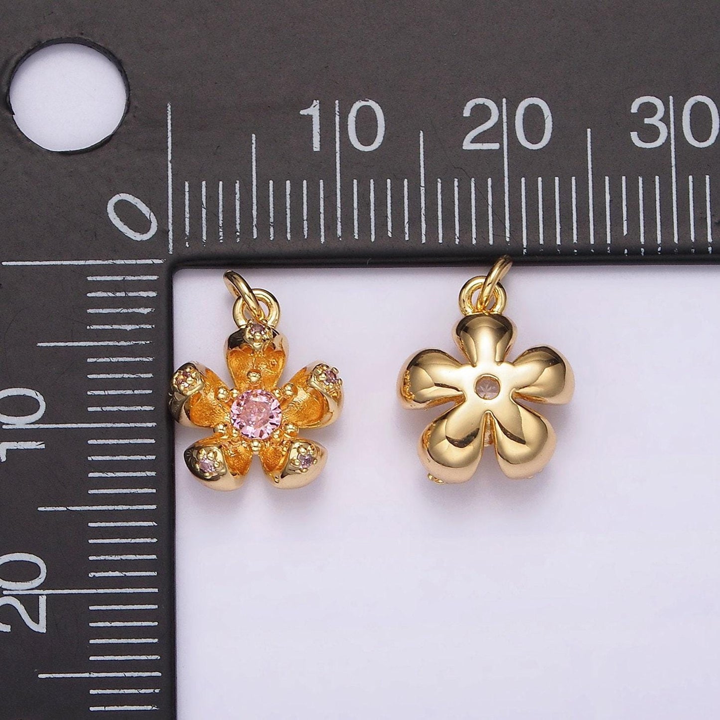 24k gold filled clear, pink cz flower charm | ag547 ag548