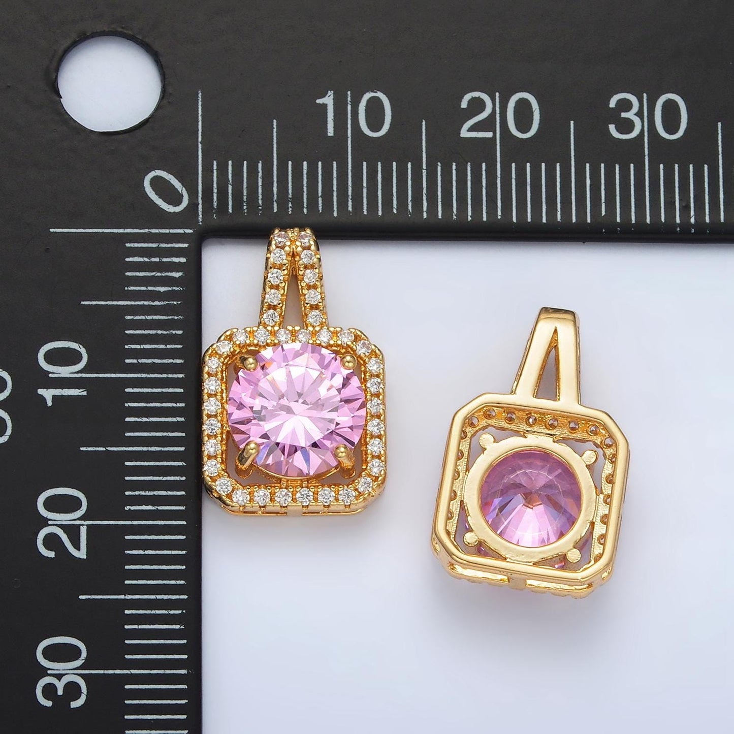 Cubic pink 24k gold filled solitaire micro pave pendant, large pink diamond solitaire cz stone pendant j539