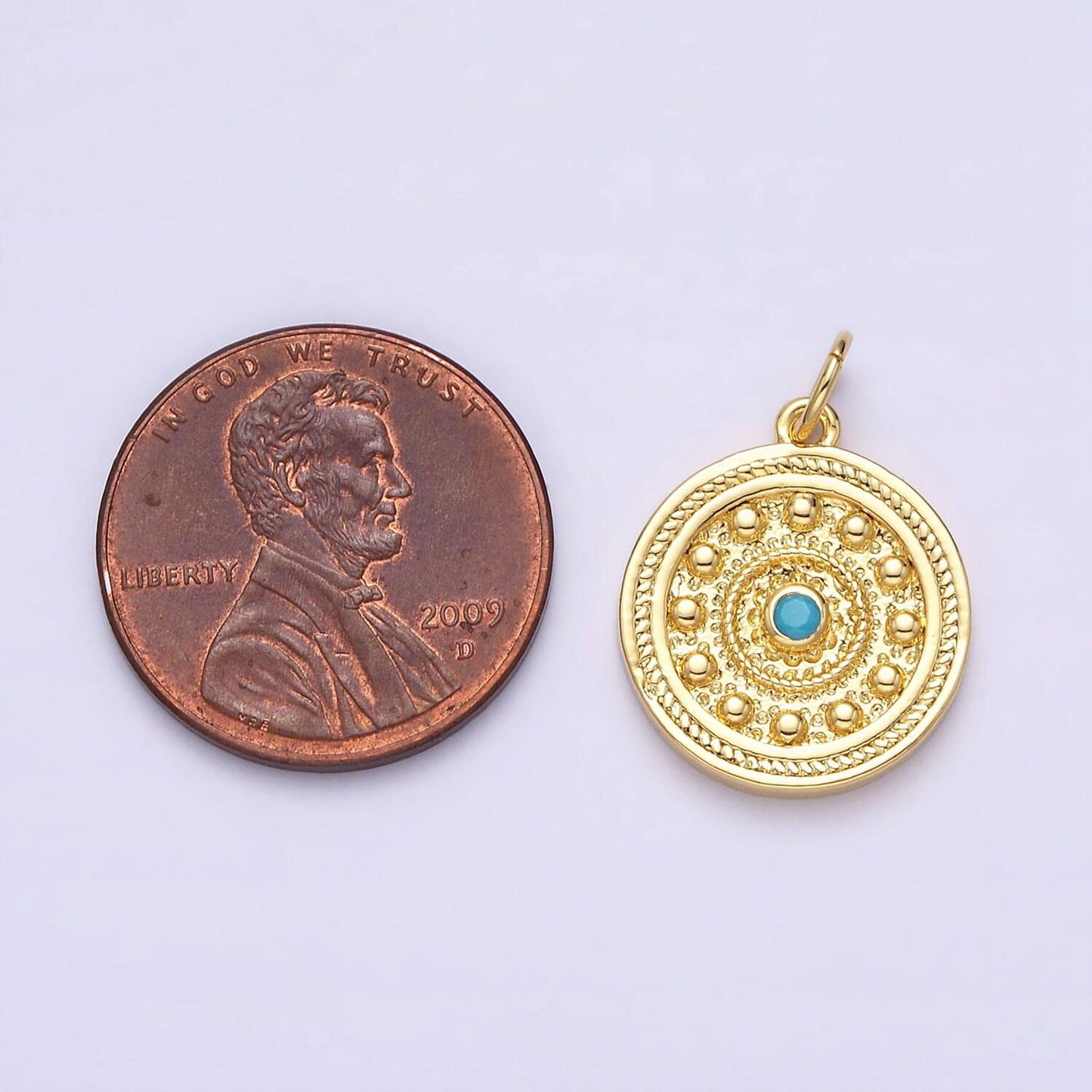 14k gold filled turquoise beaded bubble hammered braided round charm | ac1289