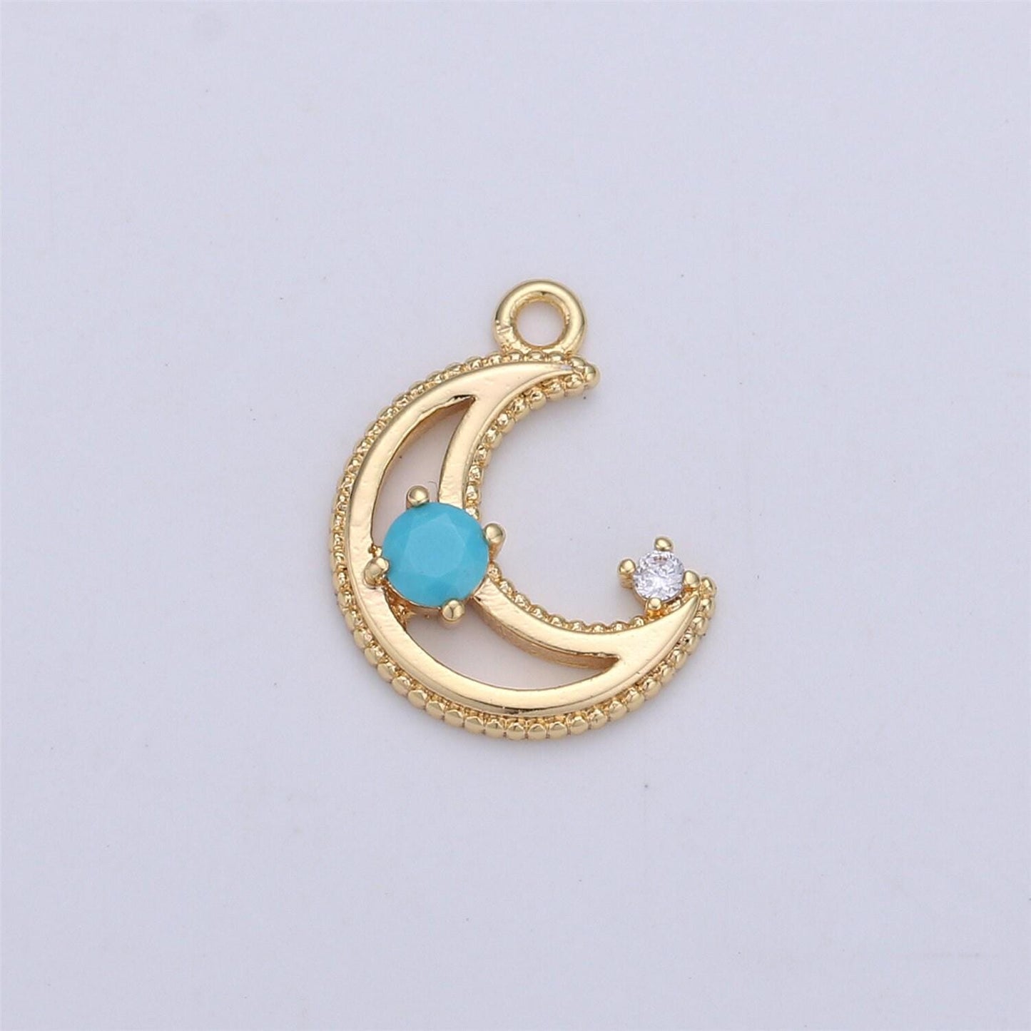 Dainty gold cz crescent moon cubic zirconia with pink blue clear teal cz 14k gold filled pave charm celestial unique charm i-332