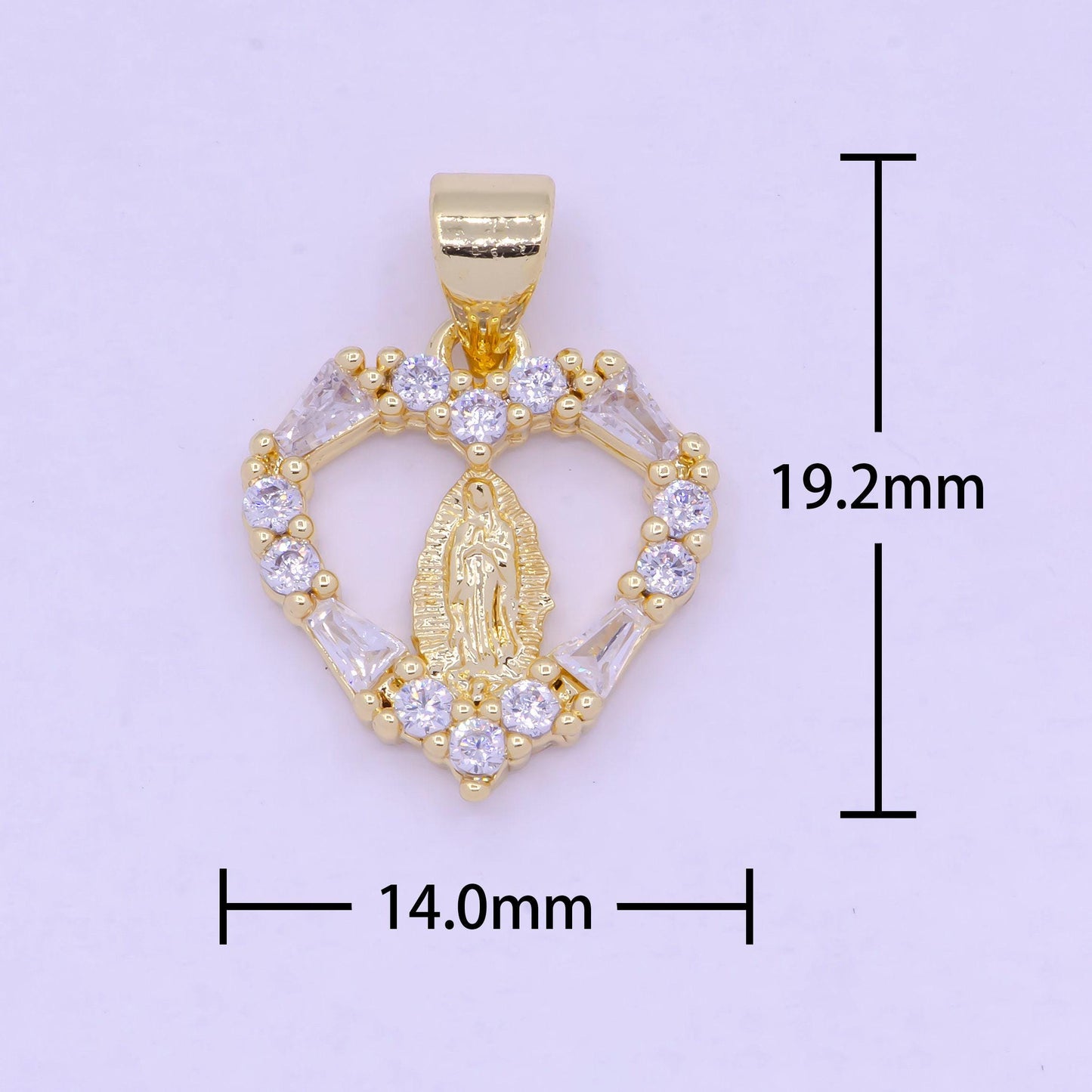 Gold virgin mary on heart emblem pendant, 24k gold filled clear micro paved cz baguette religious lady guadalupe love heart charm | x-462