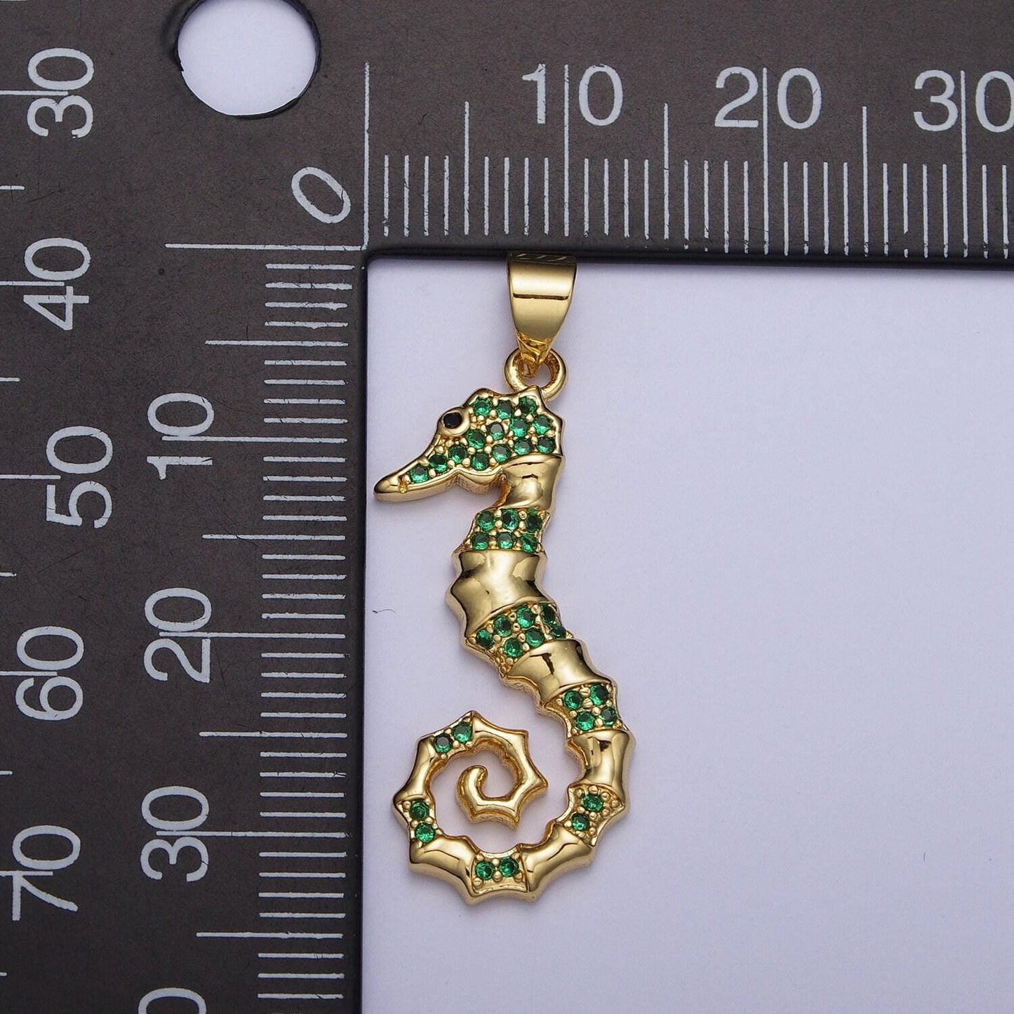 Thin cartoon green sea horse pendant, dainty animated seahorse green micro pave cz charm, 24k gold plated animal charm under the sea | x-475