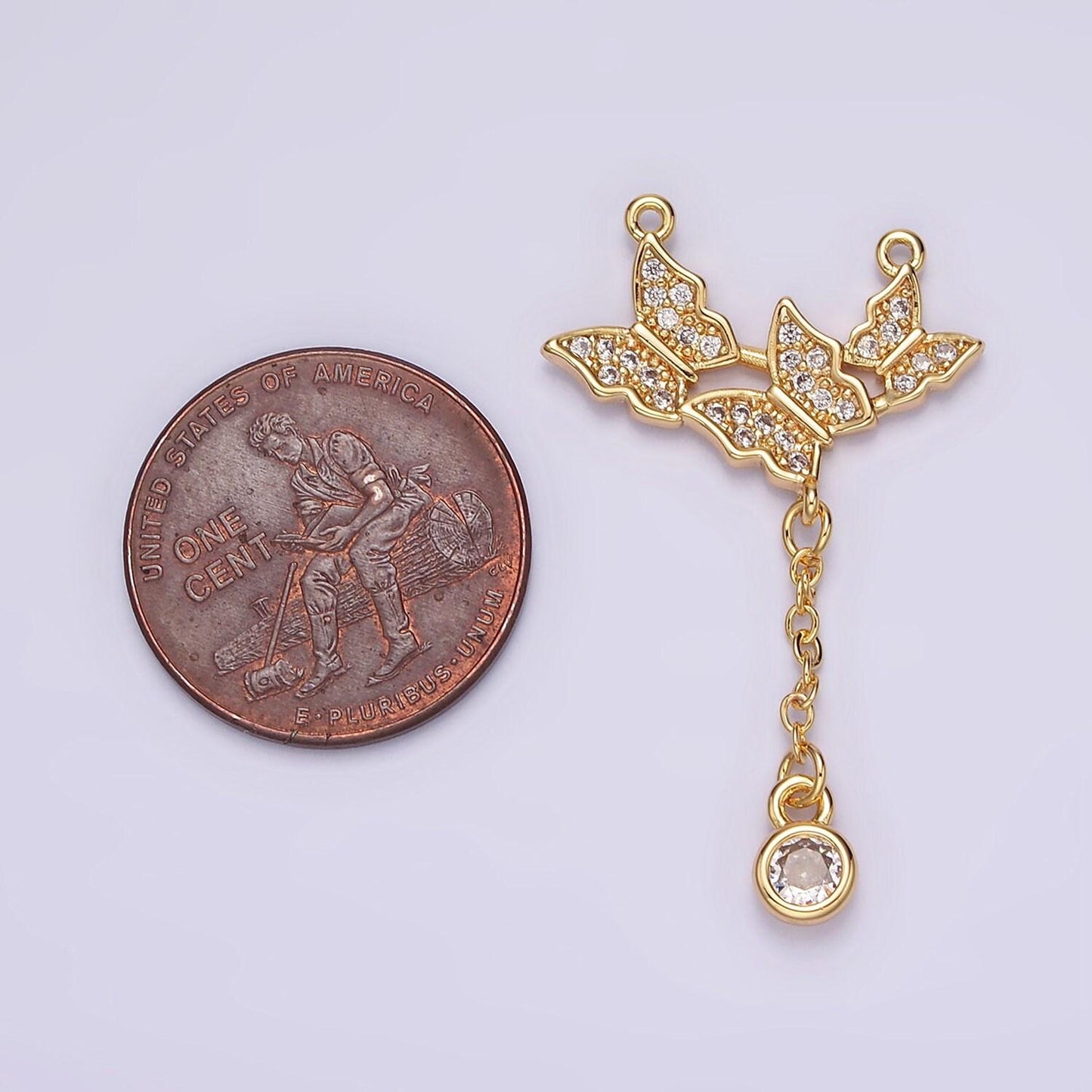16k gold filled triple butterfly dangle micro paved cz lariat connector | y-411
