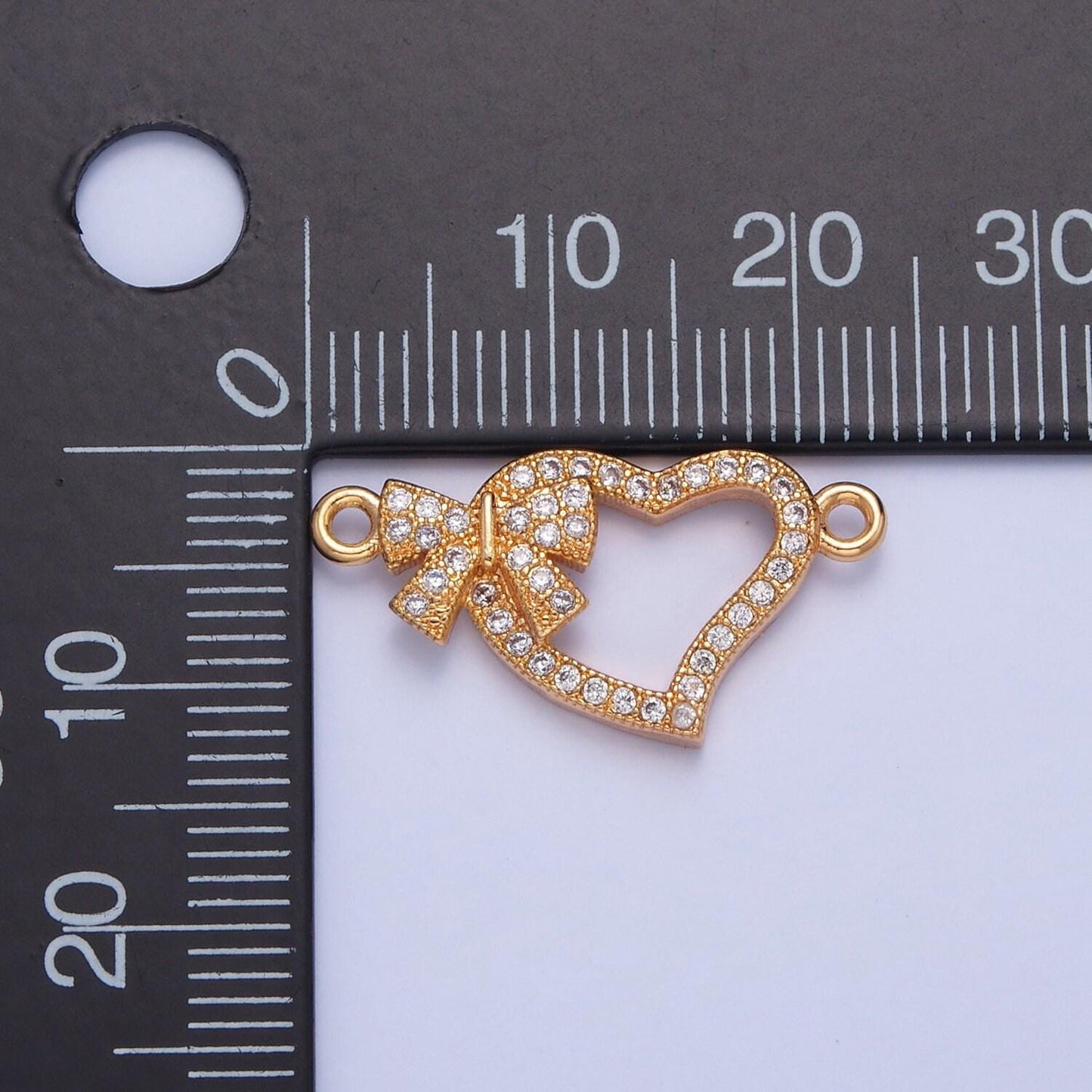 16k gold filled love heart w. dainty bow micro pave cz stone connector, add on link charm crystal cz for necklace bracelet supply | f-407