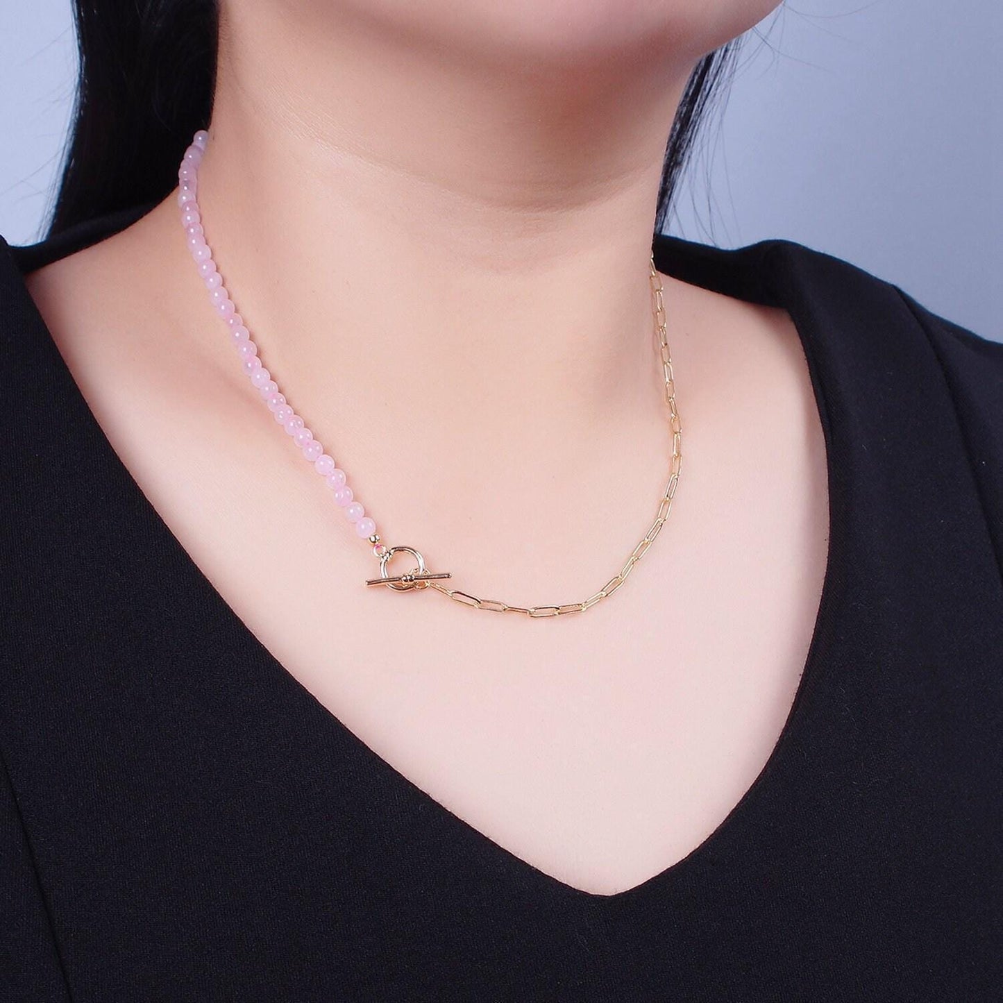Dainty half bead half link chain necklace, 24k gold filled paperclip chain with pink quartz necklace wa-968