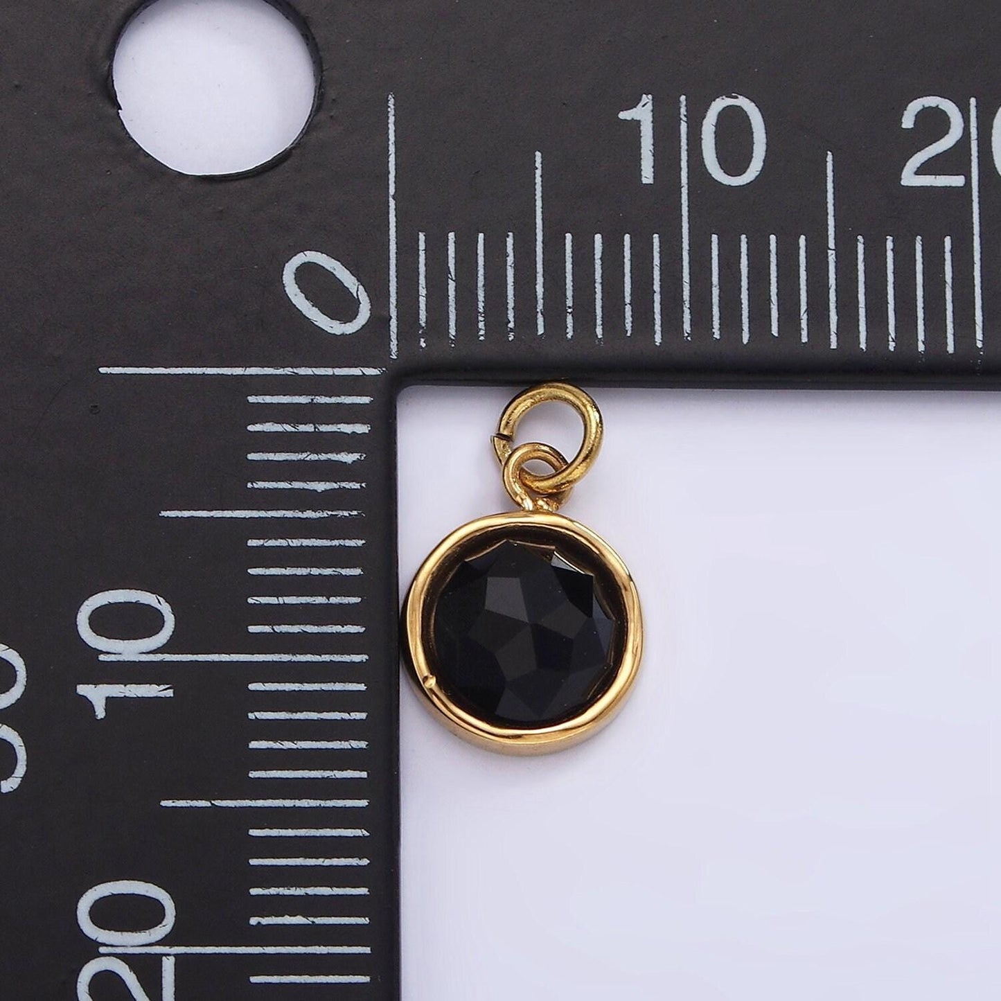 Stainless steel onyx, zoisite multifaceted glossed gem bezel round charm in gold & silver | p1316-p1317
