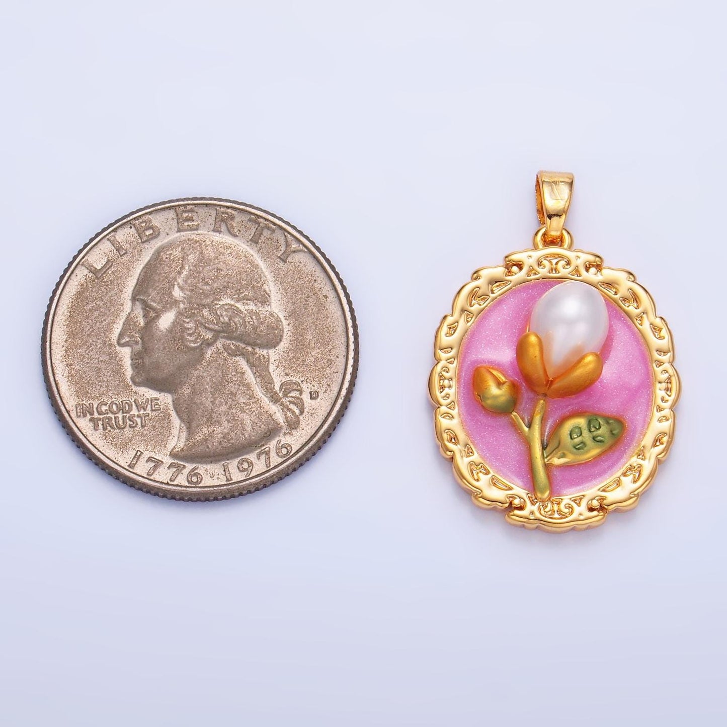 Dainty gold tulip charms white Pearl enamel flower charm abstract oval charm medallion for necklace bracelet AA1075