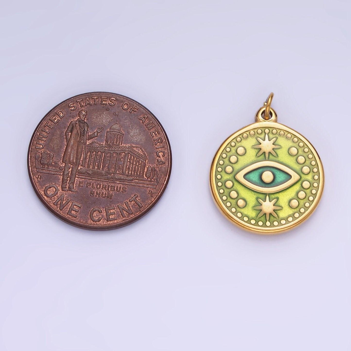 Green evil eye round circle charm medallion coin round religious protection, good fortune, health, eye of ra charm for necklace p1384