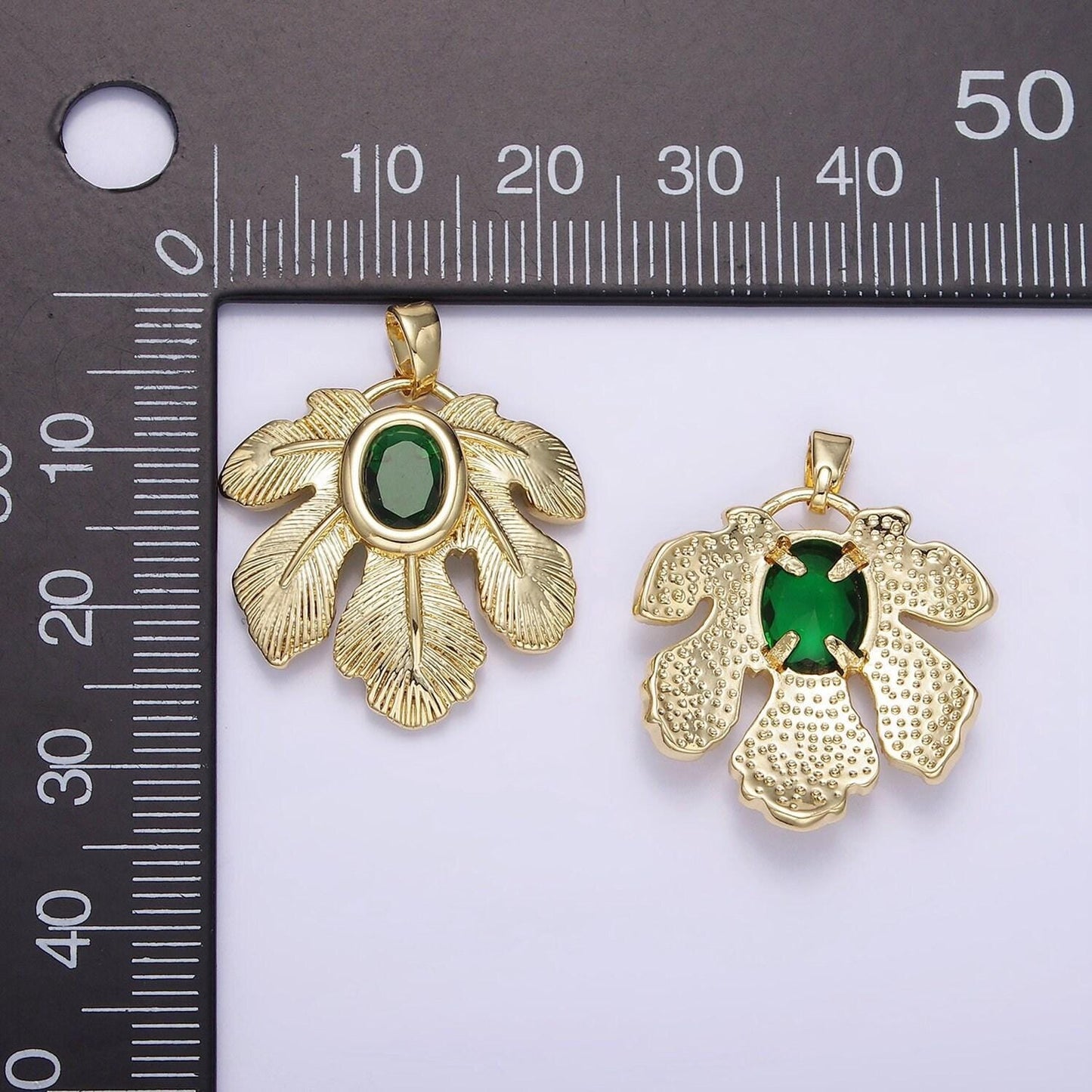 14k gold filled green cz line-textured palm leaf nature pendant | ah-149