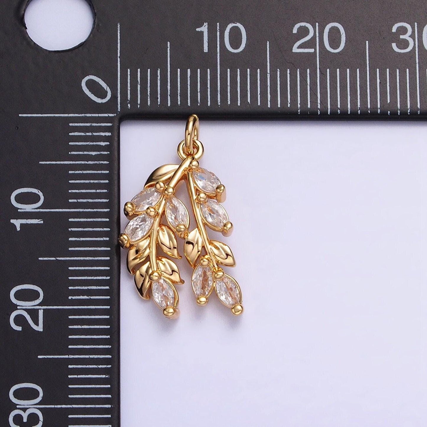 Dainty olive branch charm, 24k gold filled, leaf pendants cubic zirconia ac602