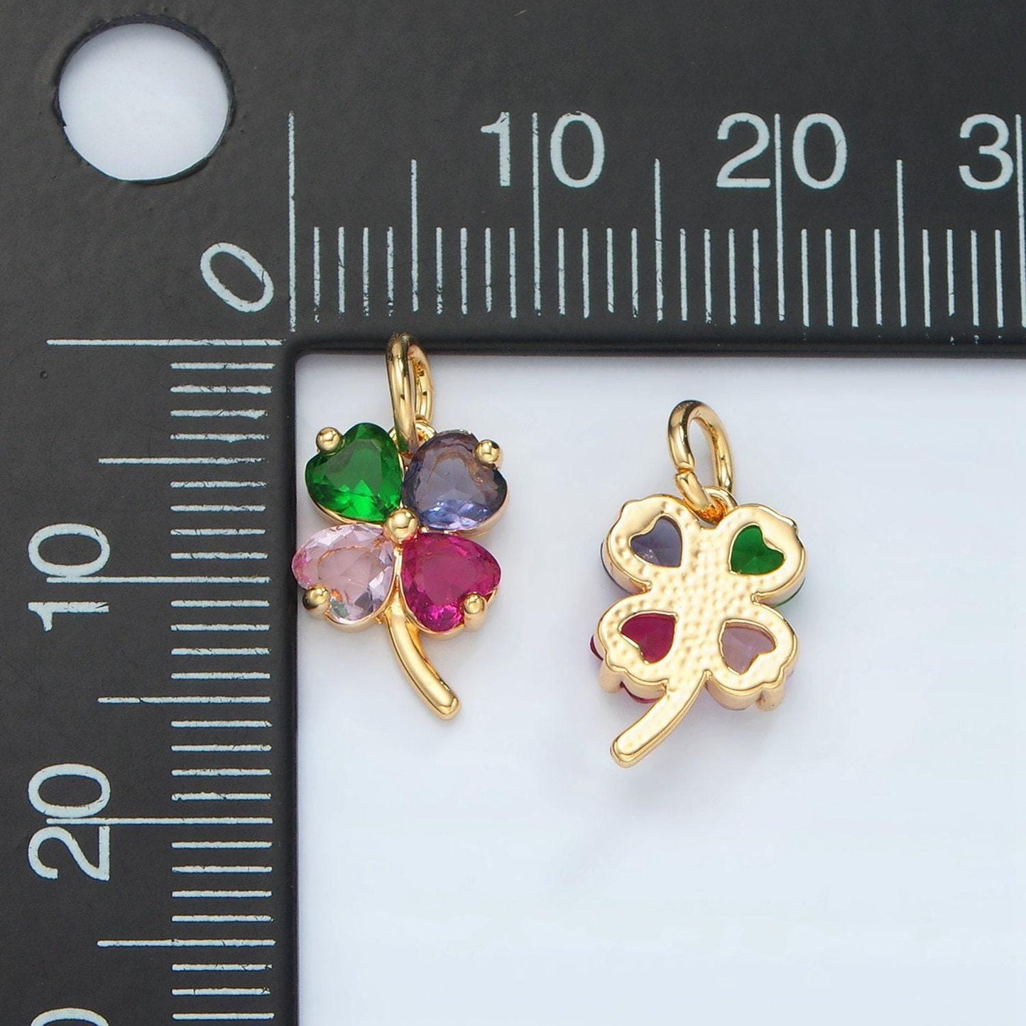 Mini gold cz multi color four-leaf clover pendant, 14k gold filled clover rainbow hearts charm lucky pendant jewelry making supply | d715