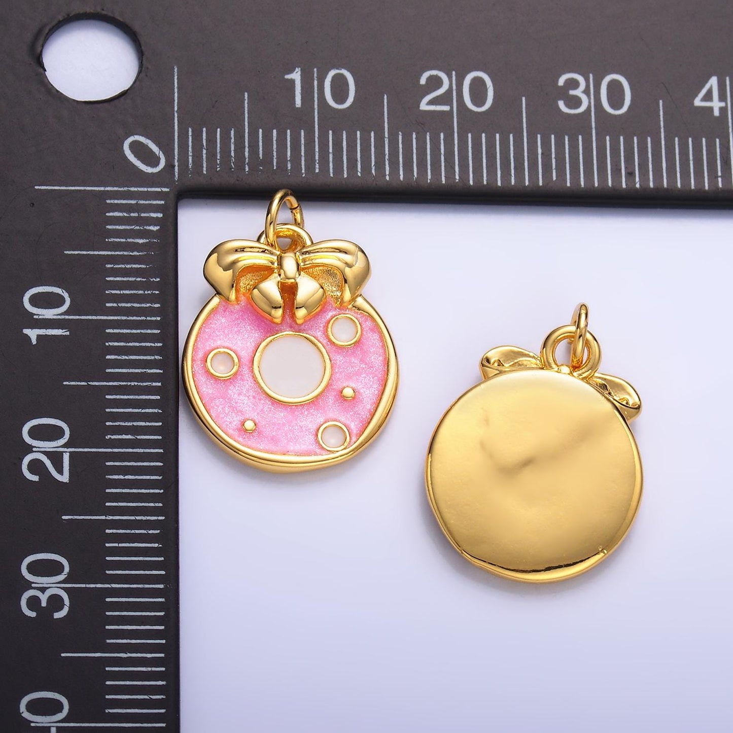 Gold Pink Enamel charm dots bubble charm pendant tiny Bow Heart coin charm 14k gold filled W441