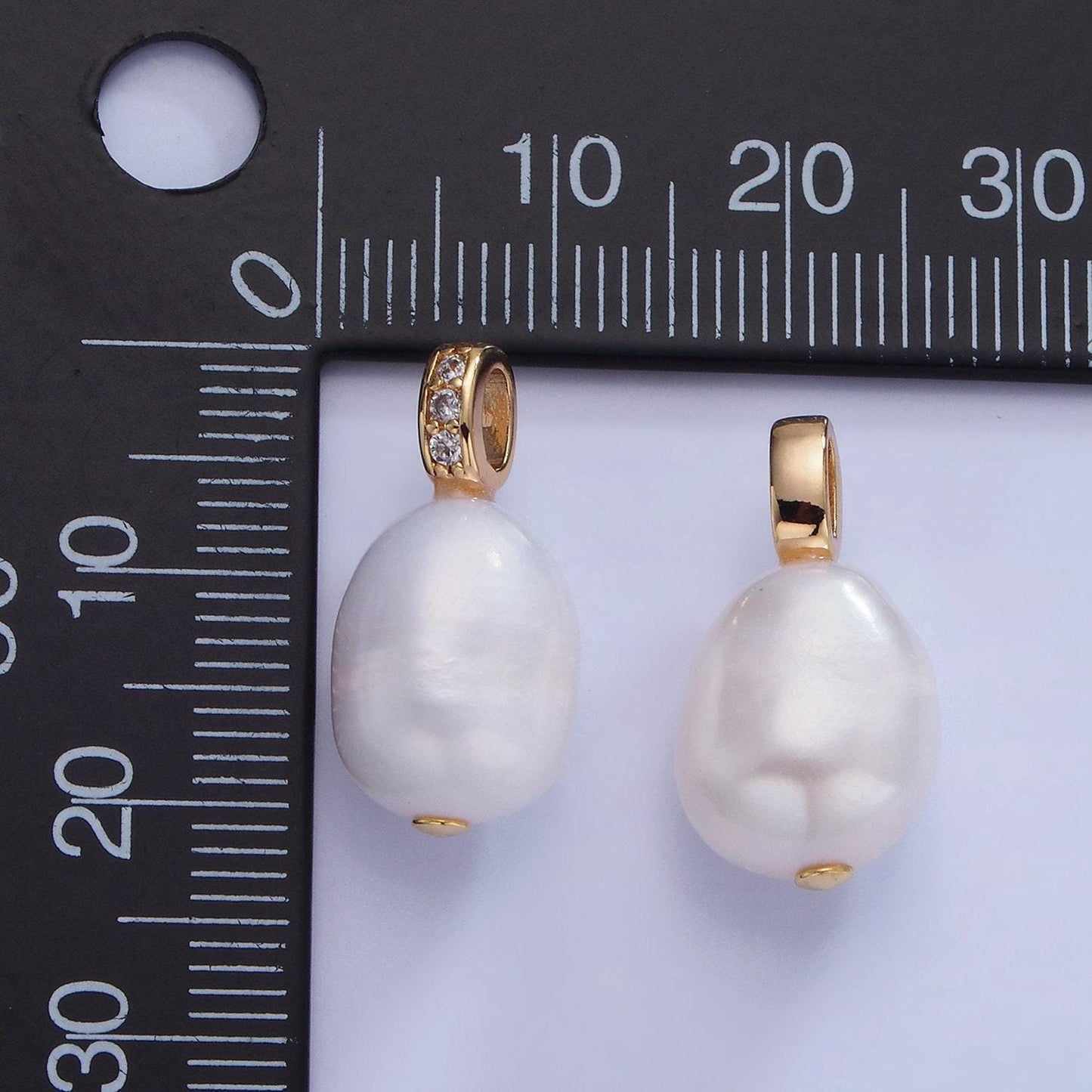 14k gold filled ringed white freshwater pearl micro paved cz bail pendant | p-1735