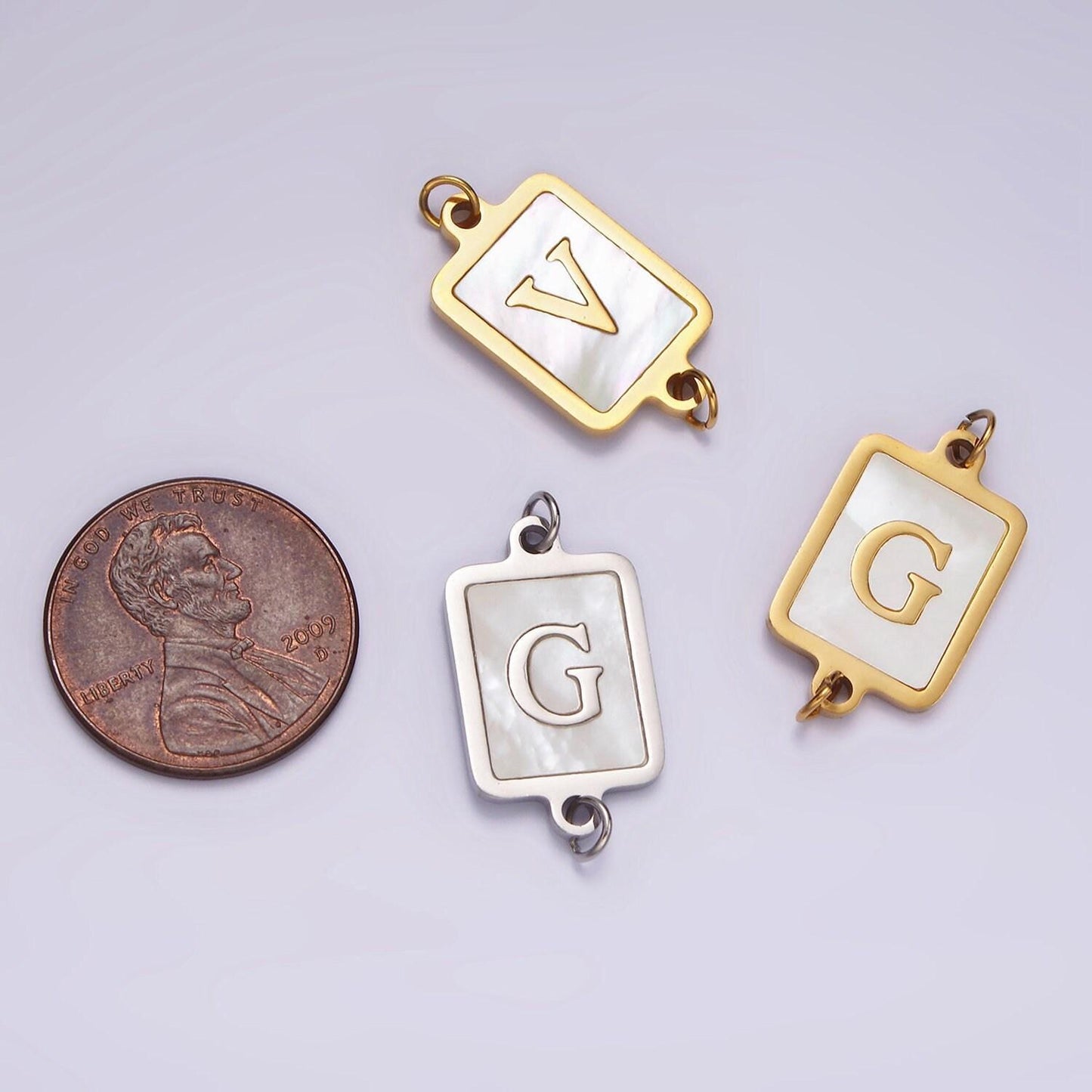 Stainless steel a-z initial letter alphabet charm connector shell pearl rectangular silver link connector | a1106-a1118