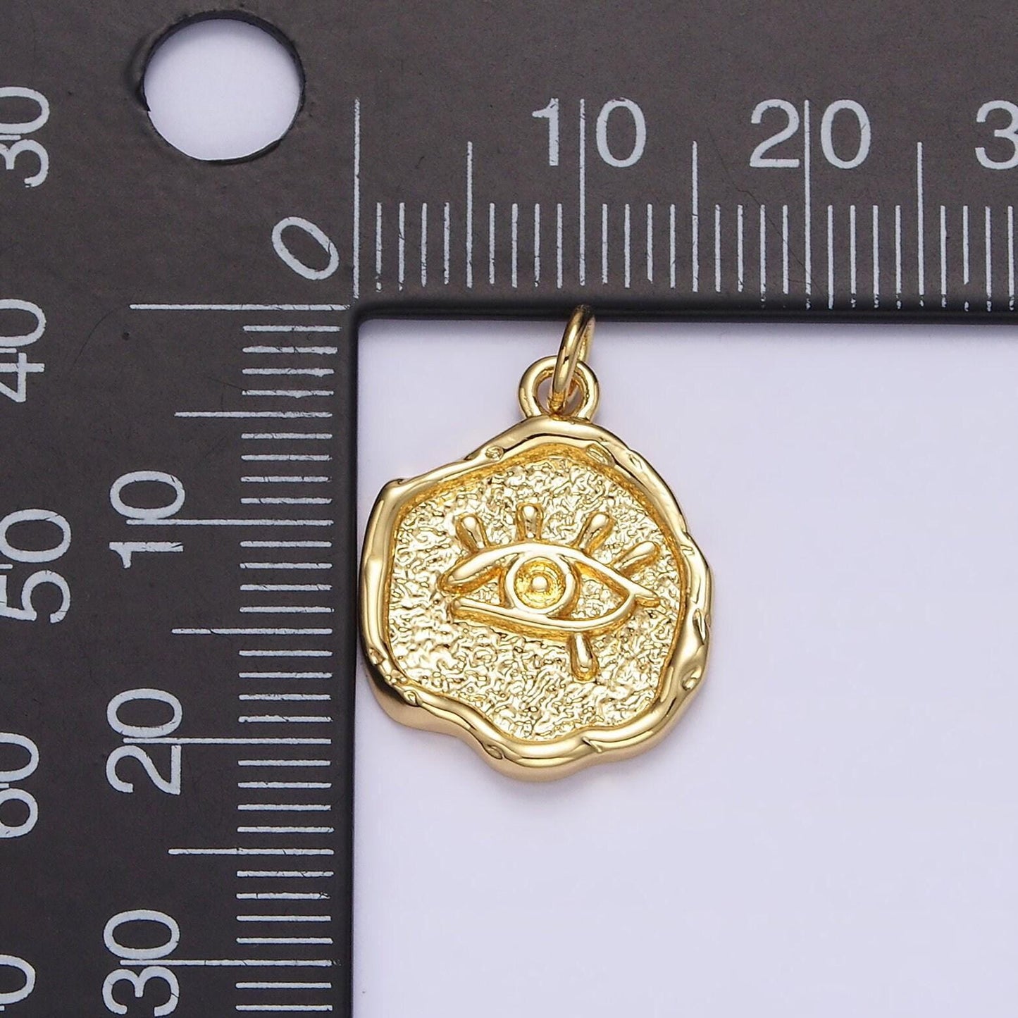 14k gold filled evil eye hammered textured stamped round charm | n1035