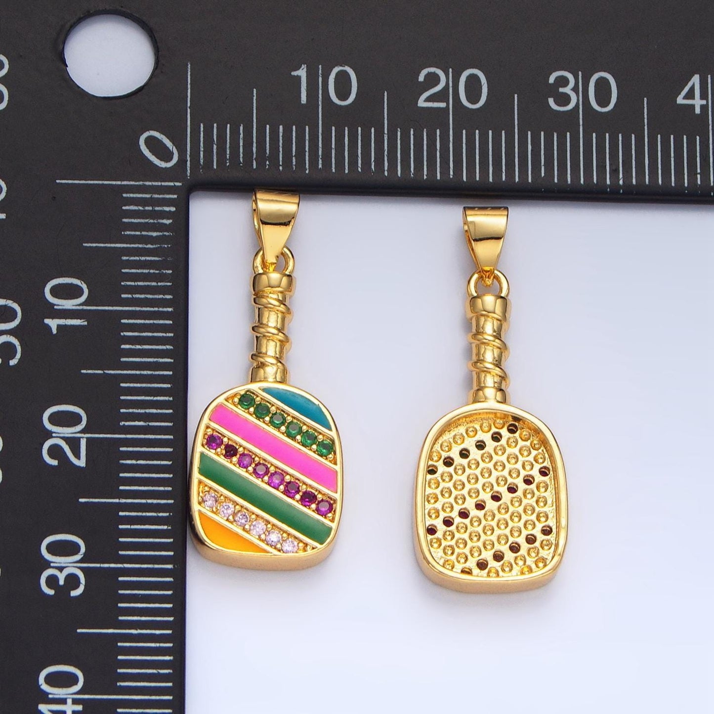 Colorful enamel pickle ball charm in 24k gold filled pendant sports paddle with colorful cz stone pendant for bracelet necklace supply i769