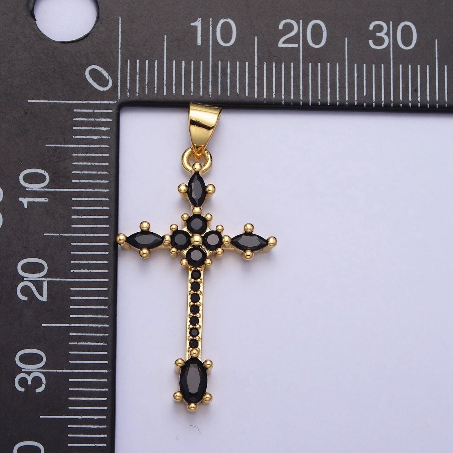 Slim long 24k gold filled clear, black marquise micro paved cz religious cross pendant charm| aa205 aa209