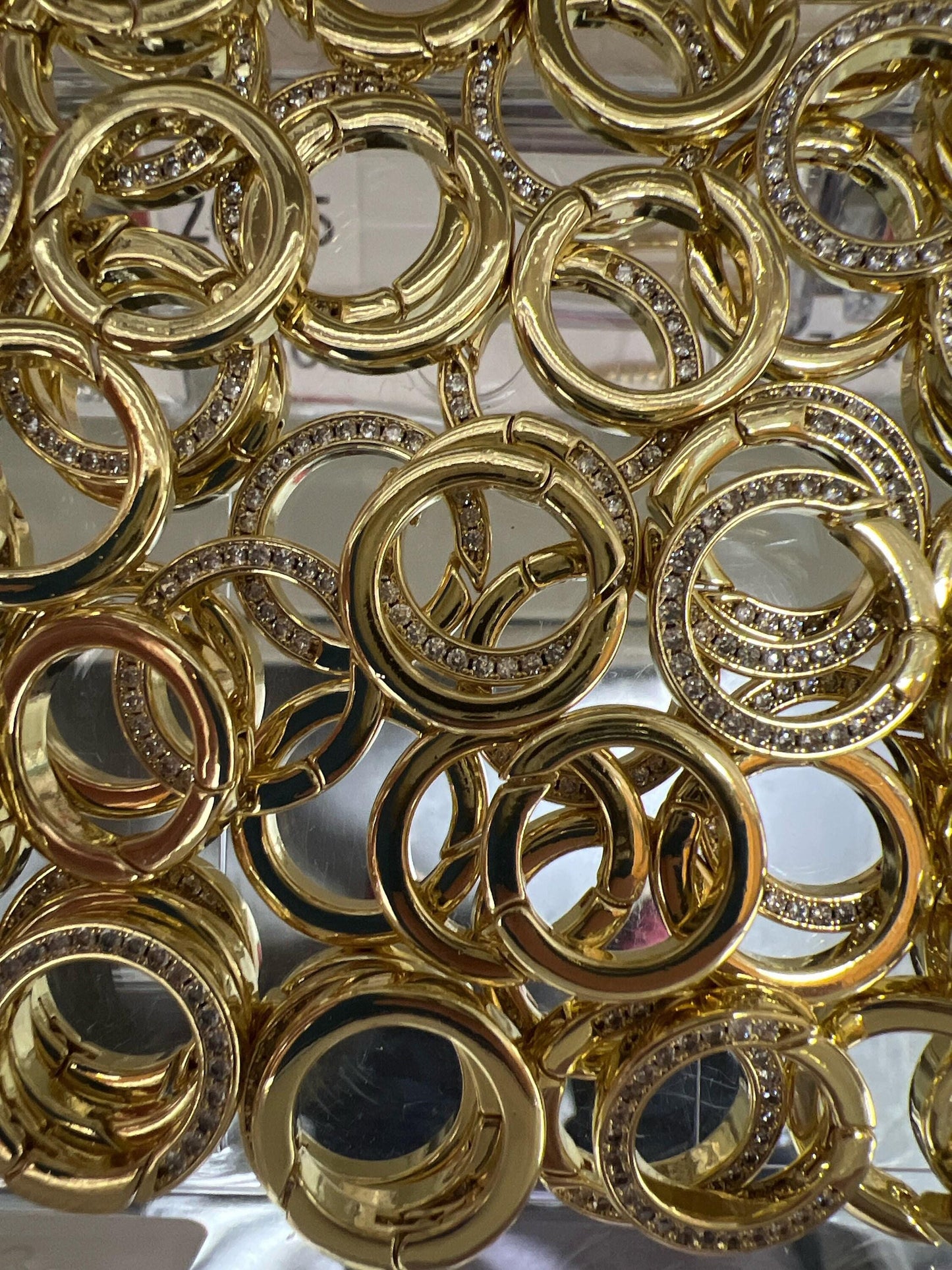 Micro pave cz gold spring gate ring, 18mm push gate ring, charm holder clasp for connector, enhanced clasp wristlet holder z-033