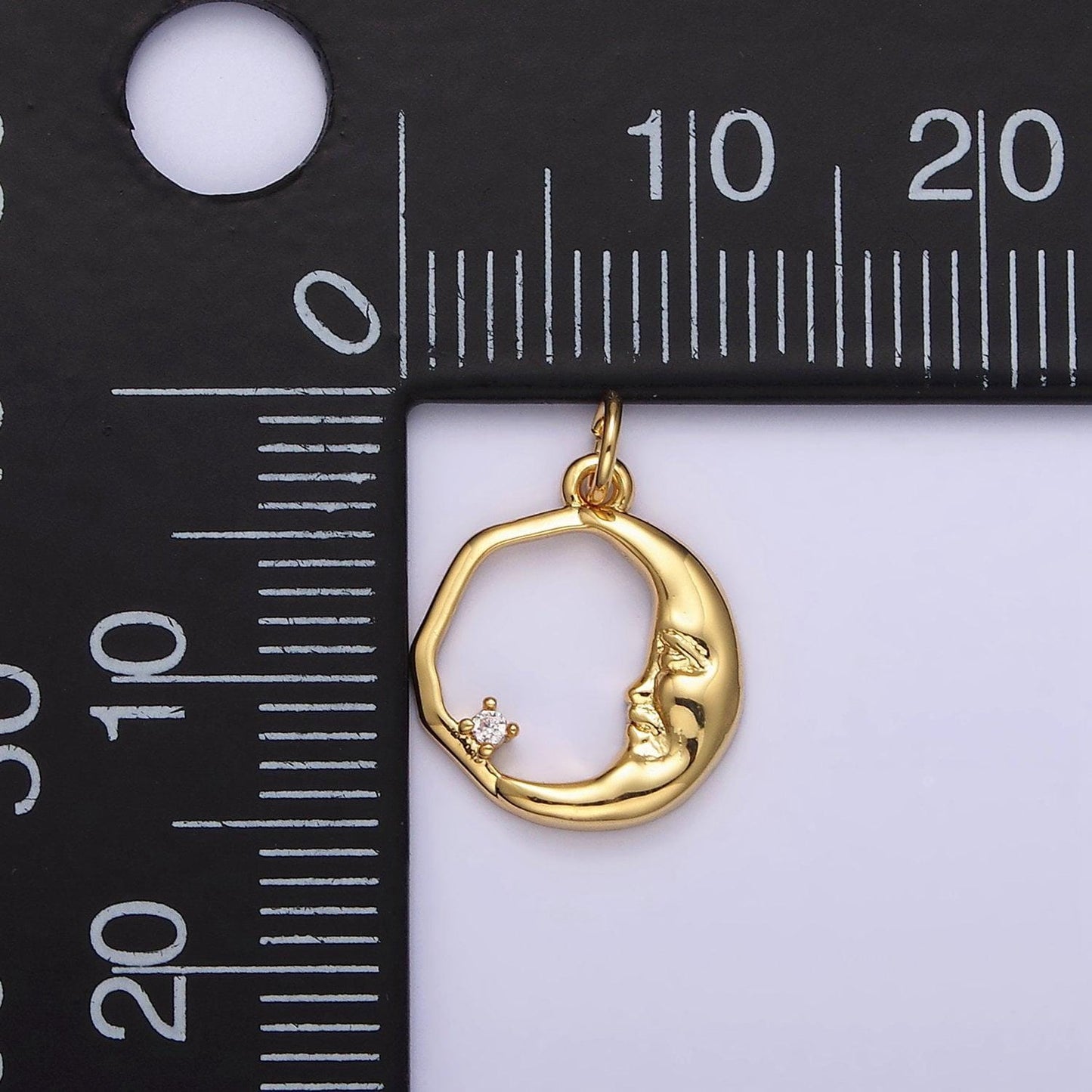 14k gold filled 15mm clear cz open crescent moon face abstract round charm in gold & silver | n1114 n1115