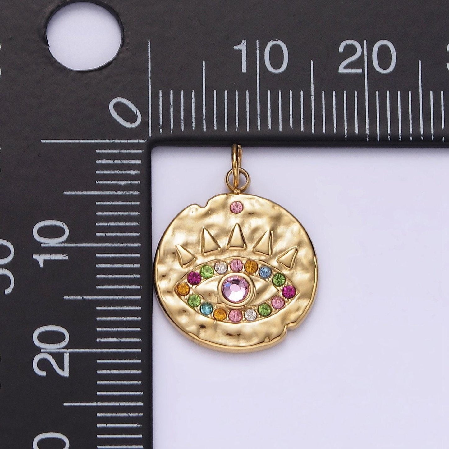 Stainless steel pink multicolor cz evil eye hammered round charm | p627