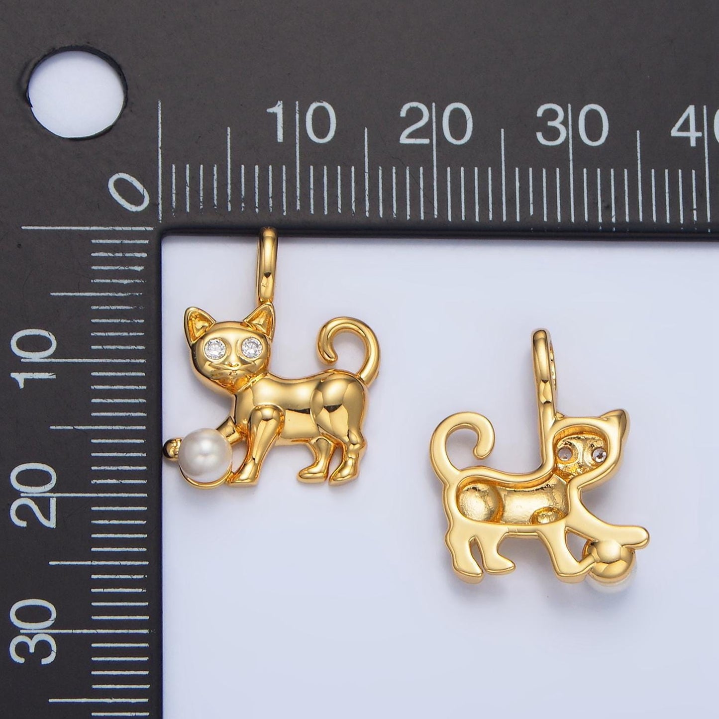 Cz kitten playing w/ pearl ball, 24k gold filled animal pendant | aa-941