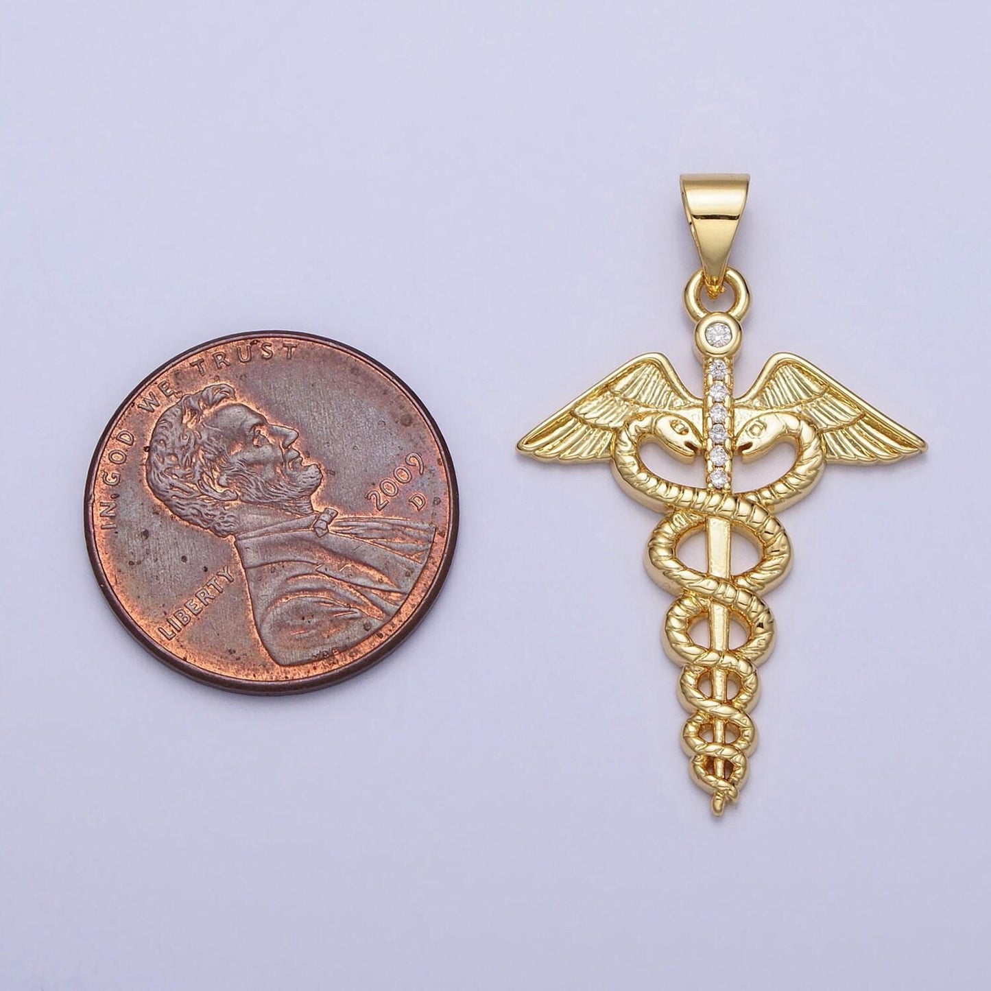 Gold medicine caduceus symbol medical doctor nurse gift idea roman mercury micro paved cz pendant | aa155