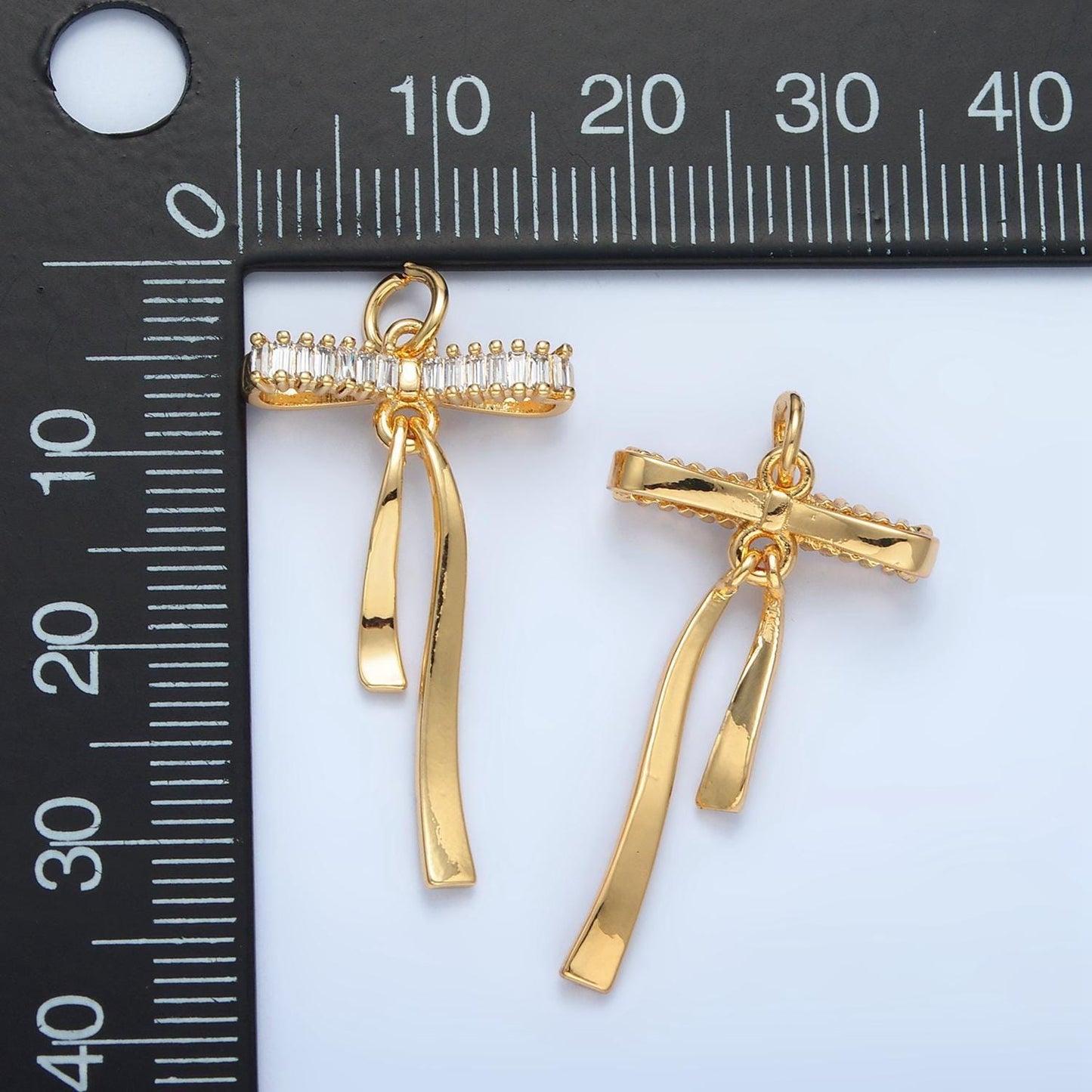 24k gold filled bow charm baguette cz ribbon pendant, diy fashion jewelry making supply for necklace, bracelet n1376