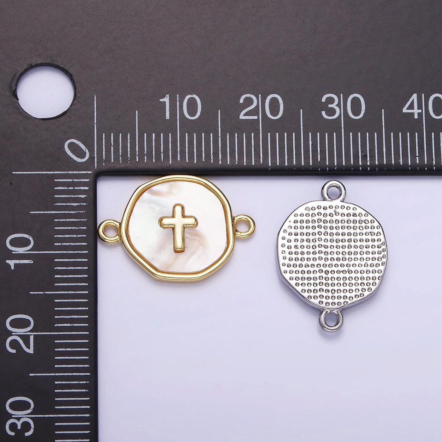 14k gold filled round coin cross charm connector shell pearl link connector | g-287