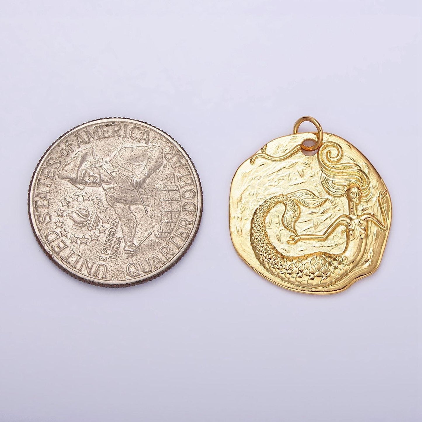 14k gold filled ocean mermaid textured round coin charm in gold & silver | n1161 n1162