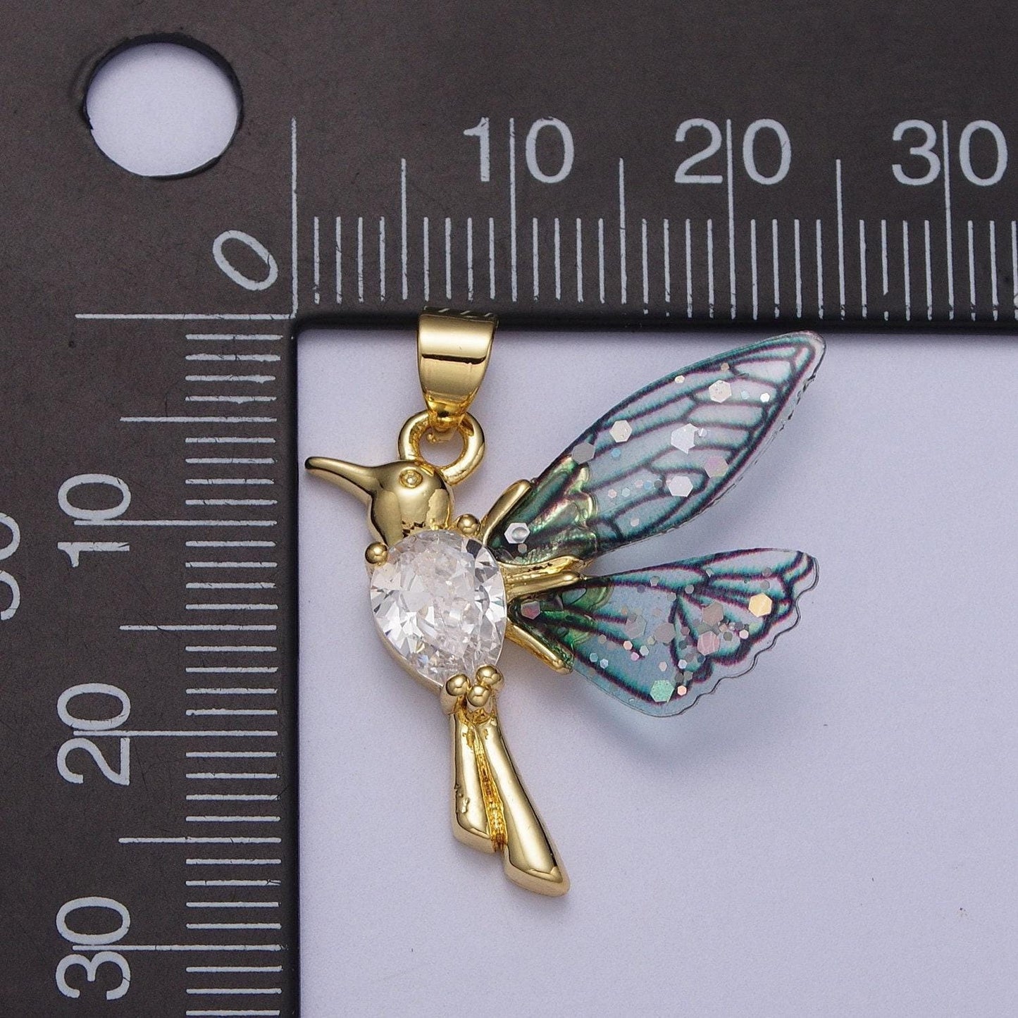 Gold cz blue & fuchsia humming bird pendant, 24k gold plated micro paved cz resin beautiful sparkly fairy charm | i152, i094