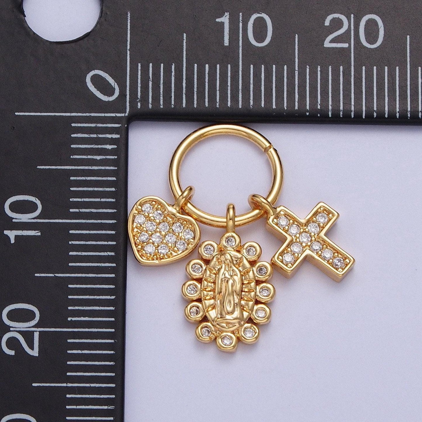 24k gold filled micro pave cubic zirconia cz triple charms, virgin mary, heart love, religious cross pendants for jewelry making | x-439