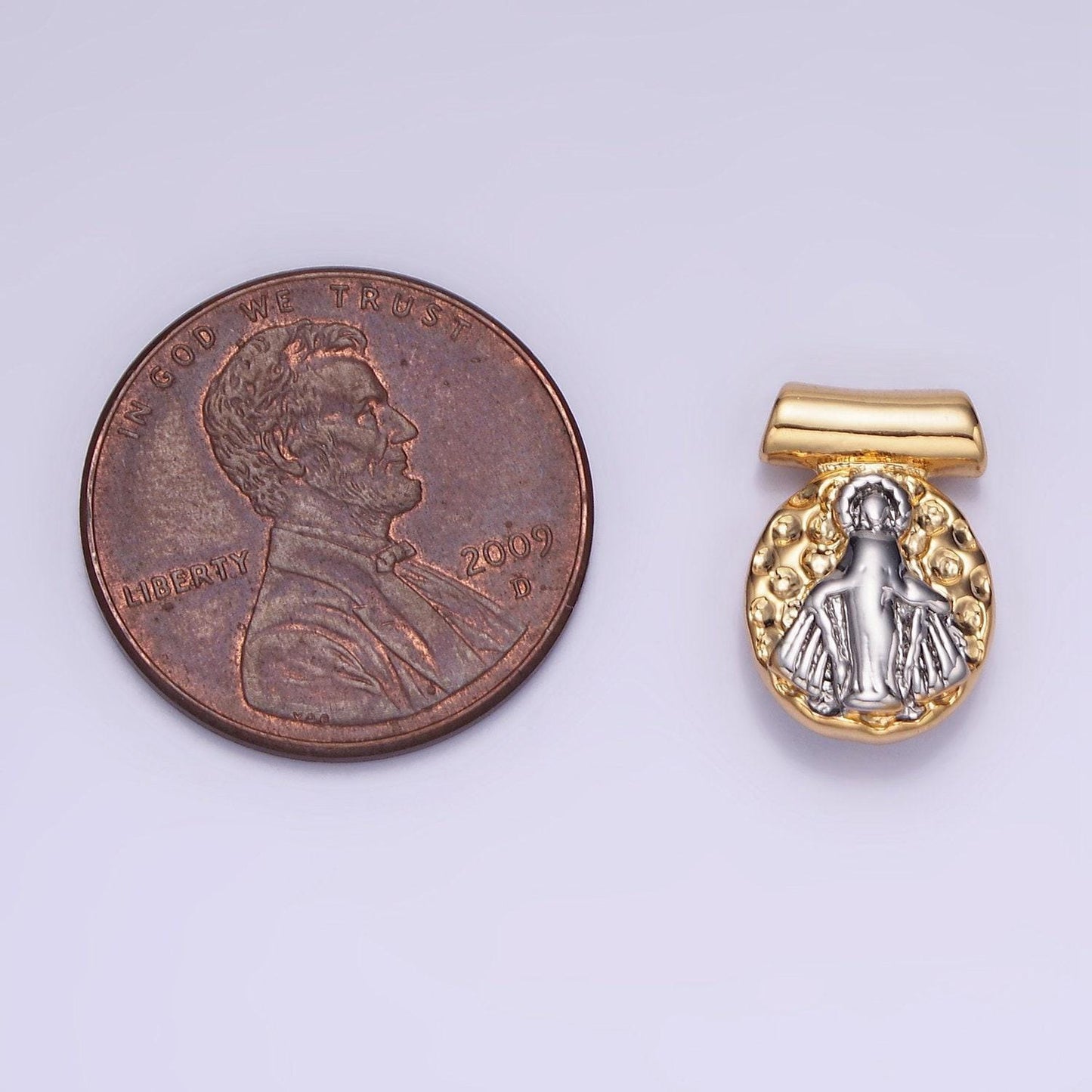 Mini rustic gold style mixed metal miraculous lady charm hammered gold medallion for necklace religious jewelry making | aa-1154