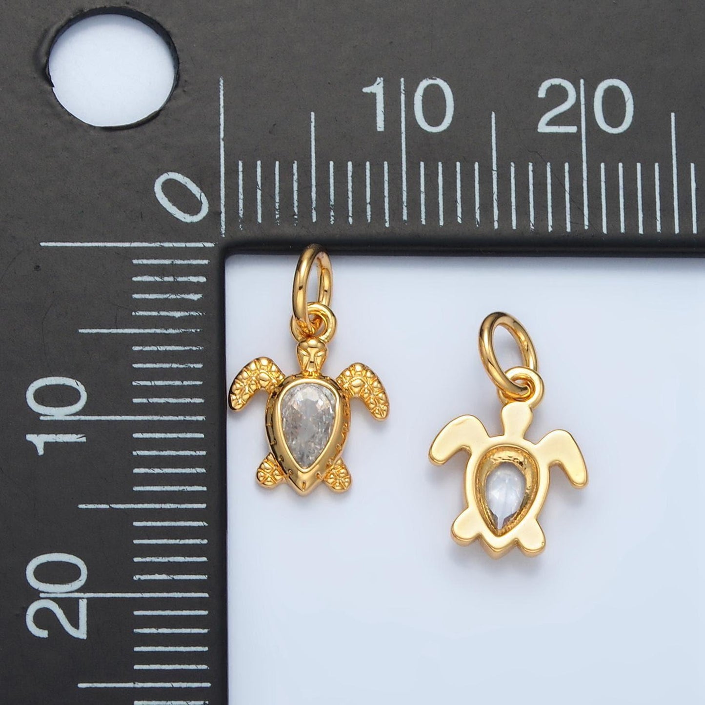 14k gold filled textured turtle, clear cz paved teardrop charm | ag-887