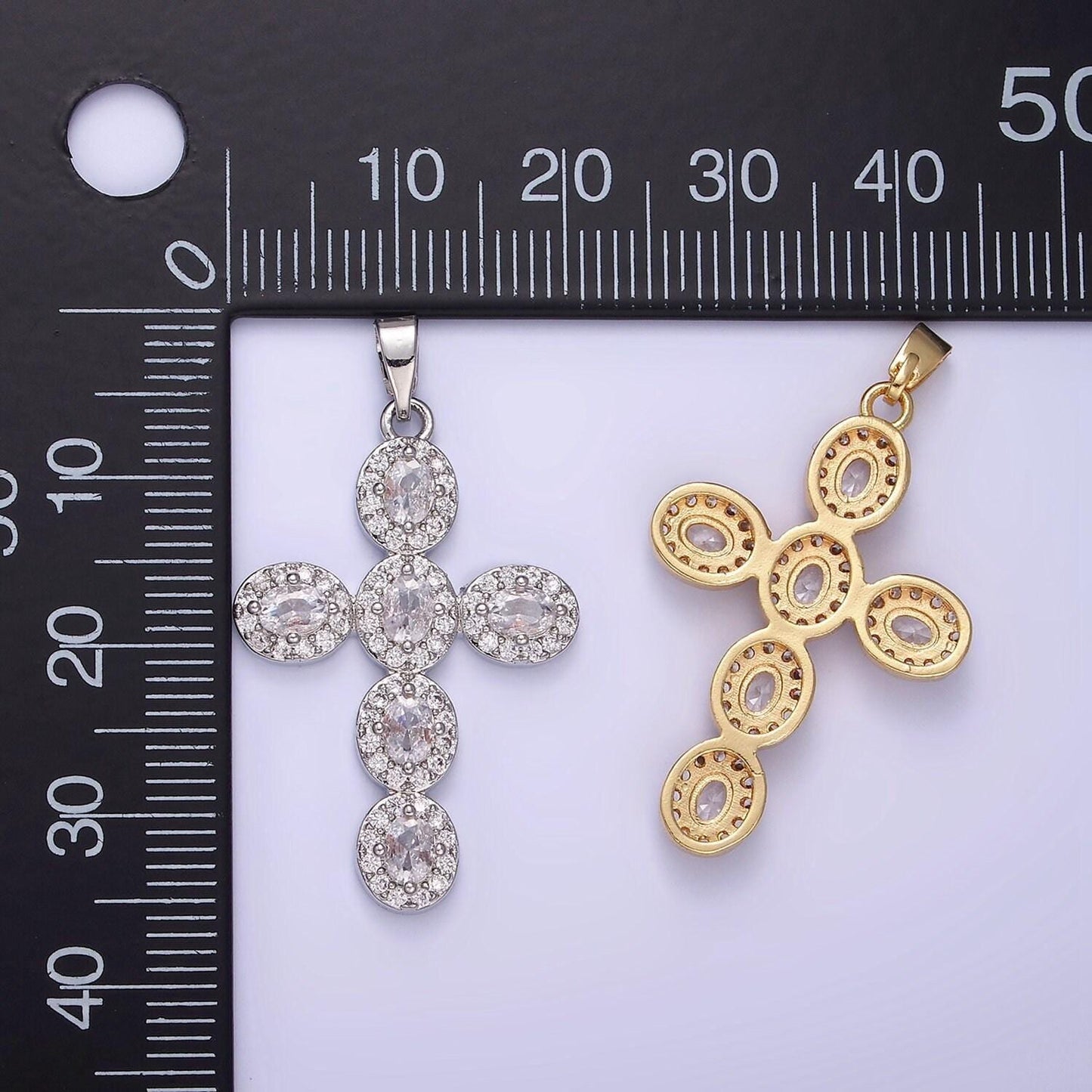 14k gold filled clear, multicolor micro paved oval cross pendant in gold & silver | aa-1166 aa-1167