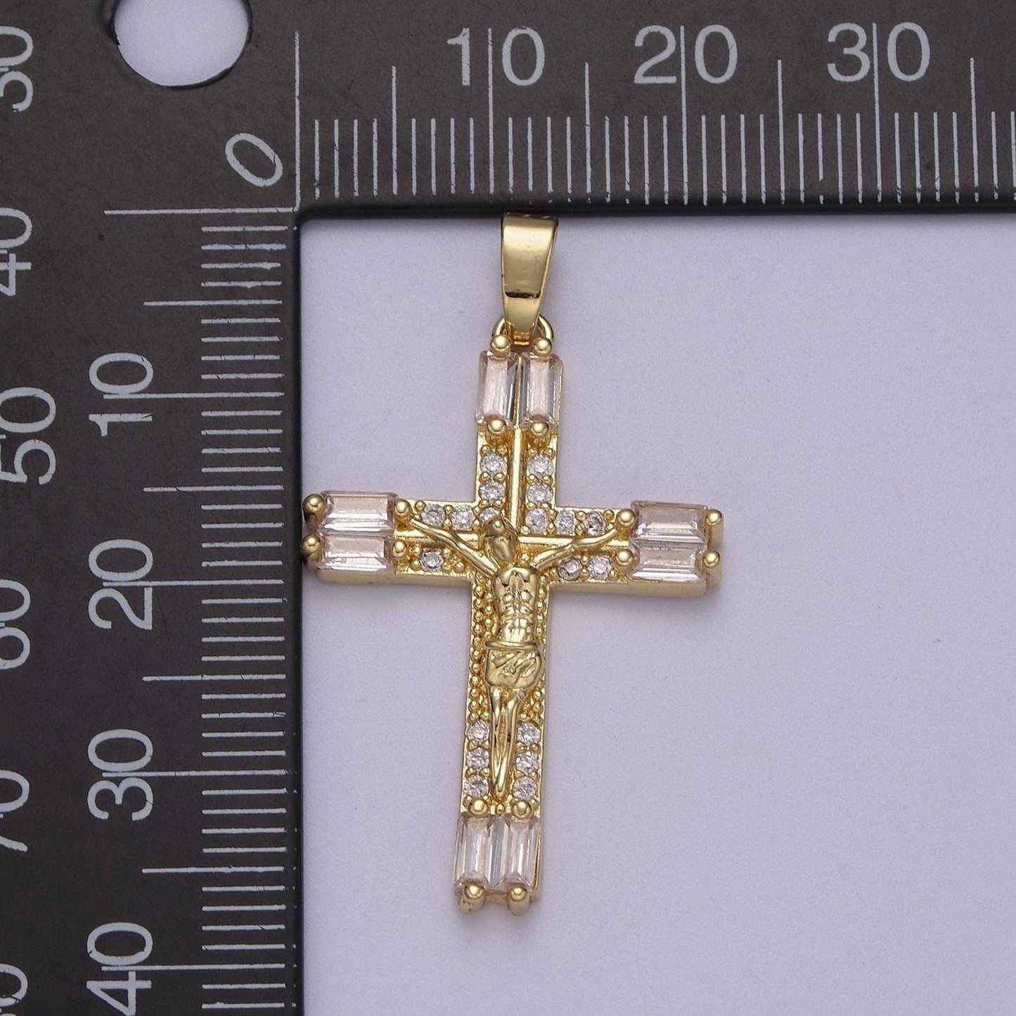 Dainty baguette cz crystal crucifix jesus pendant 14k gold filled micro pave | diy charm necklace bracelet earring | n-595