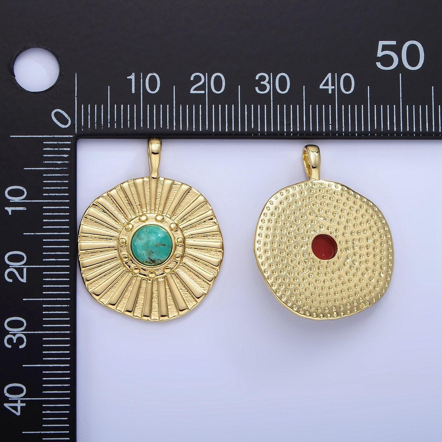 14k gold filled red carnelian round sunburst charm turquoise bead stone medallion charm necklace bracelet supply | aa-1256