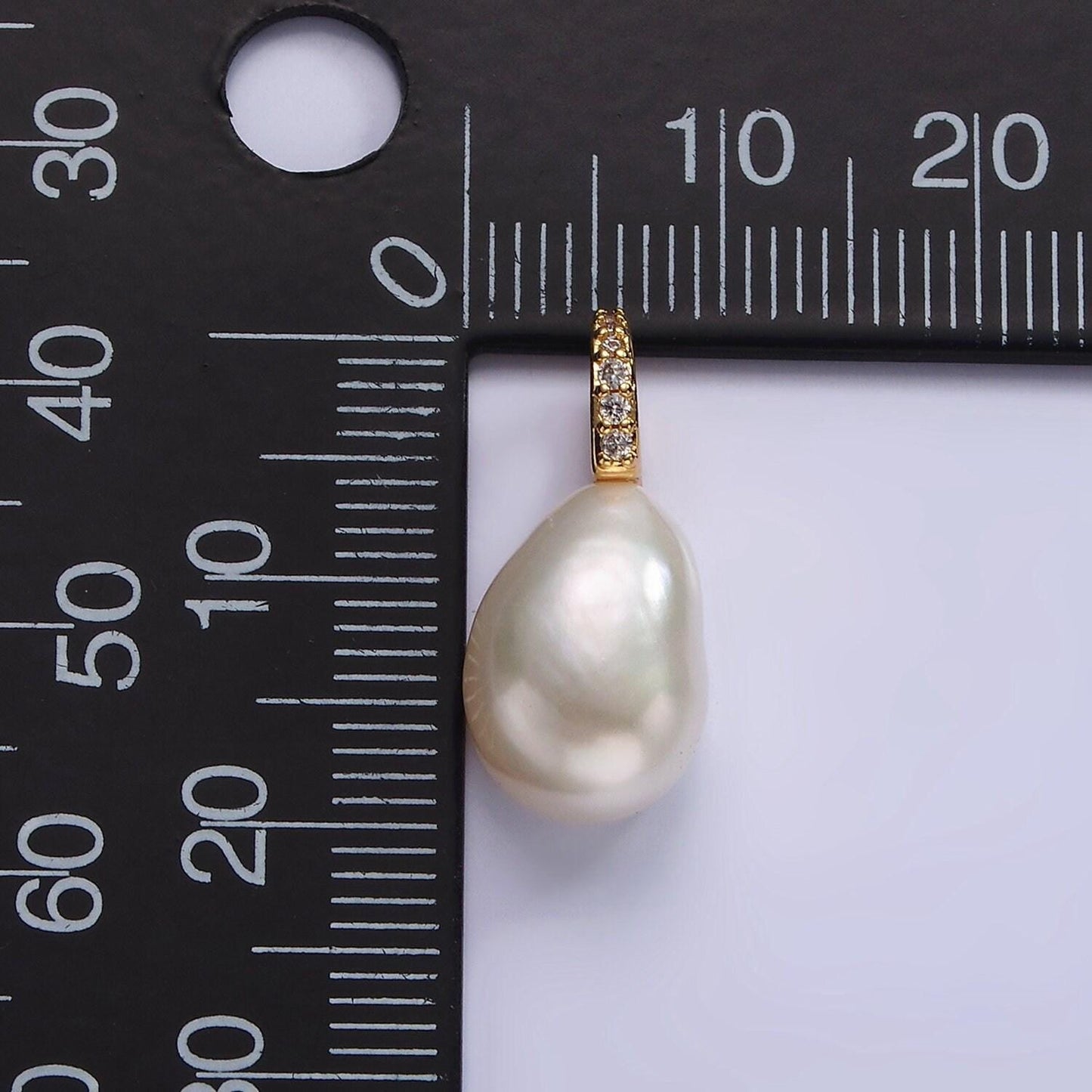 14k gold filled 19mm white freshwater pearl button drop micro paved cz pendant | p1641