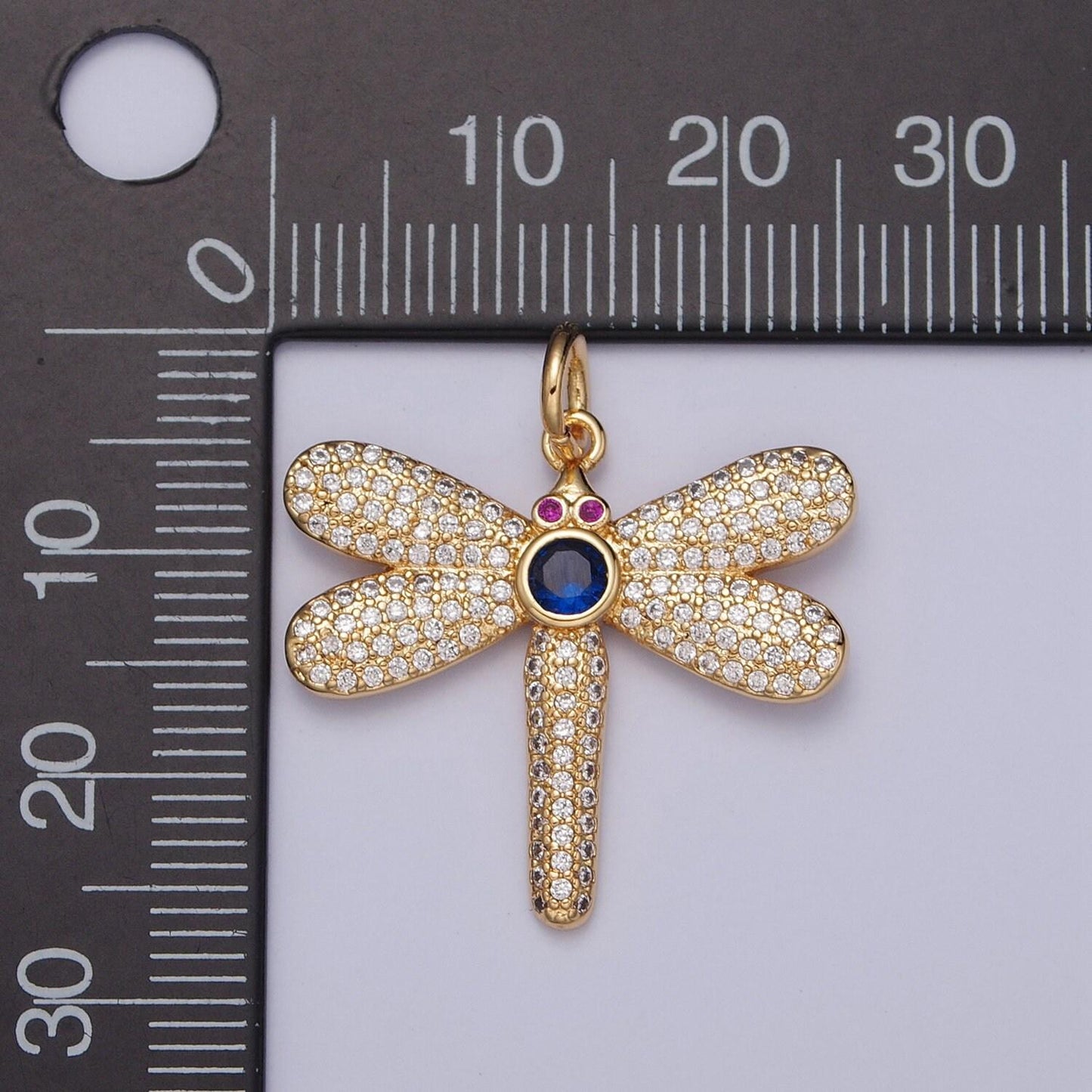 24k gold micro pave cz dragonfly pendant, magenta-eyed blue cz stone dragonfly charm, insect pendant for necklace earring supply | x-127
