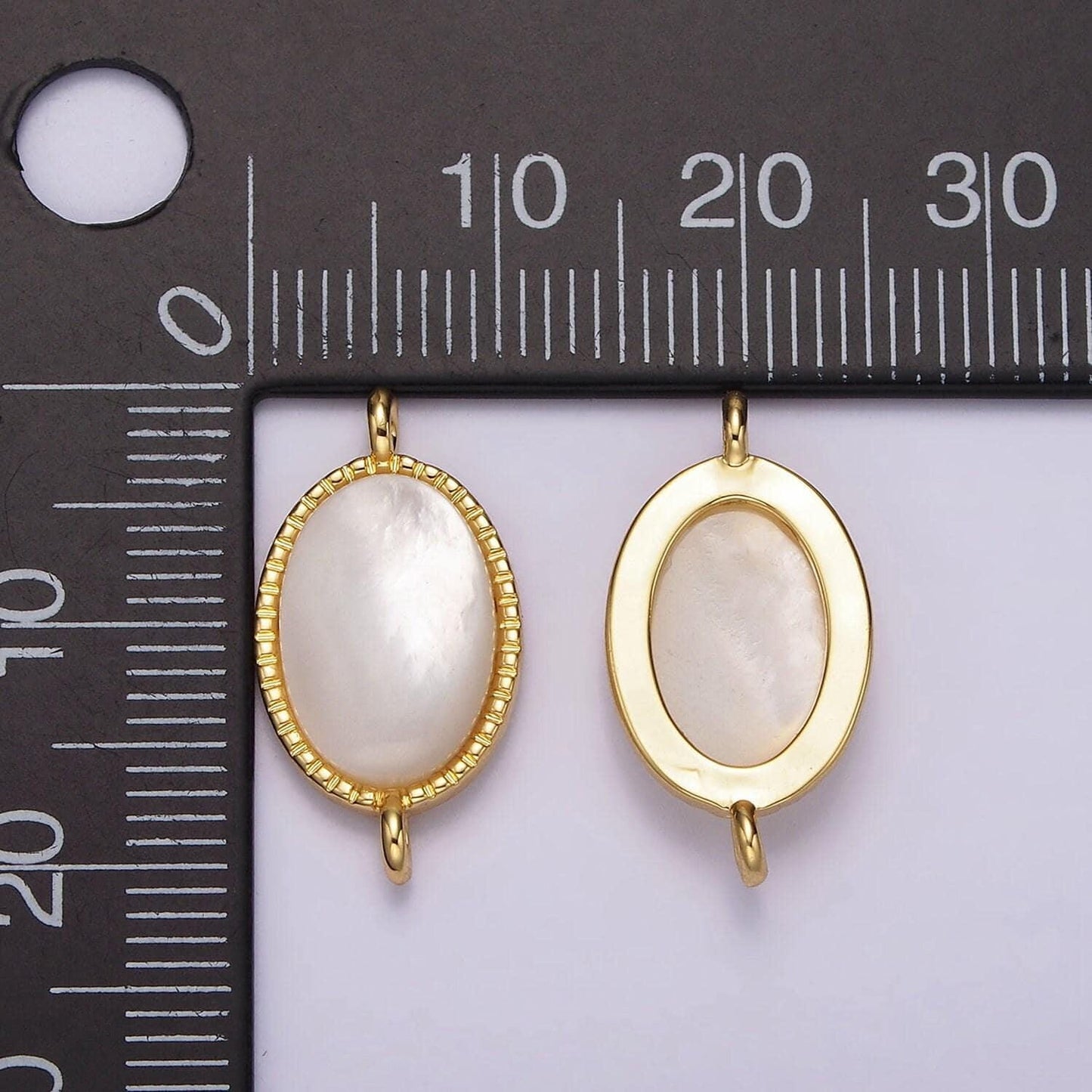 14k gold filled 20mm shell pearl oblong dotted bezel connector | g821