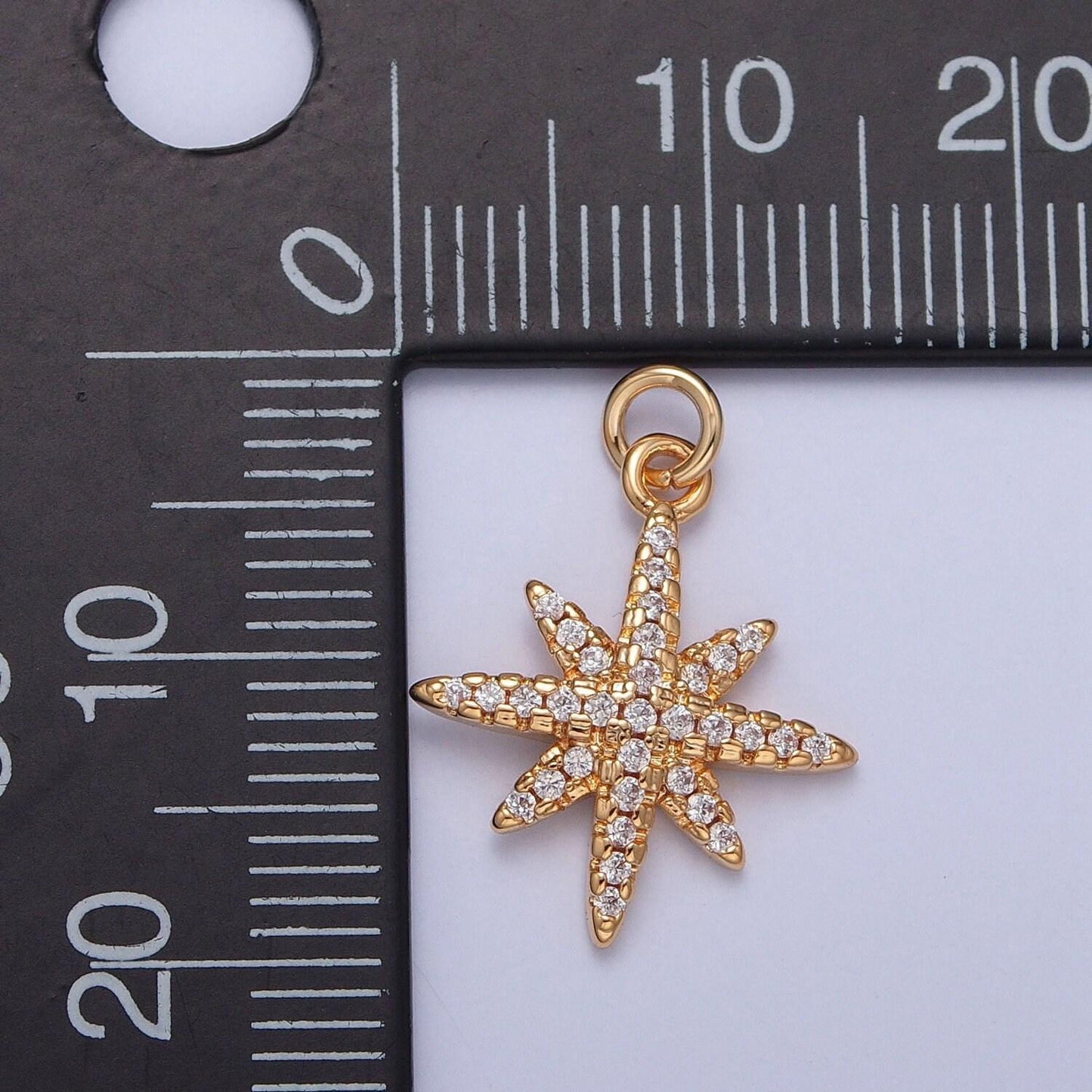 16k gold dainty eight-pointed starburst north bright stars charm cubic zirconia charm micro pave cz stars pendant | x-263