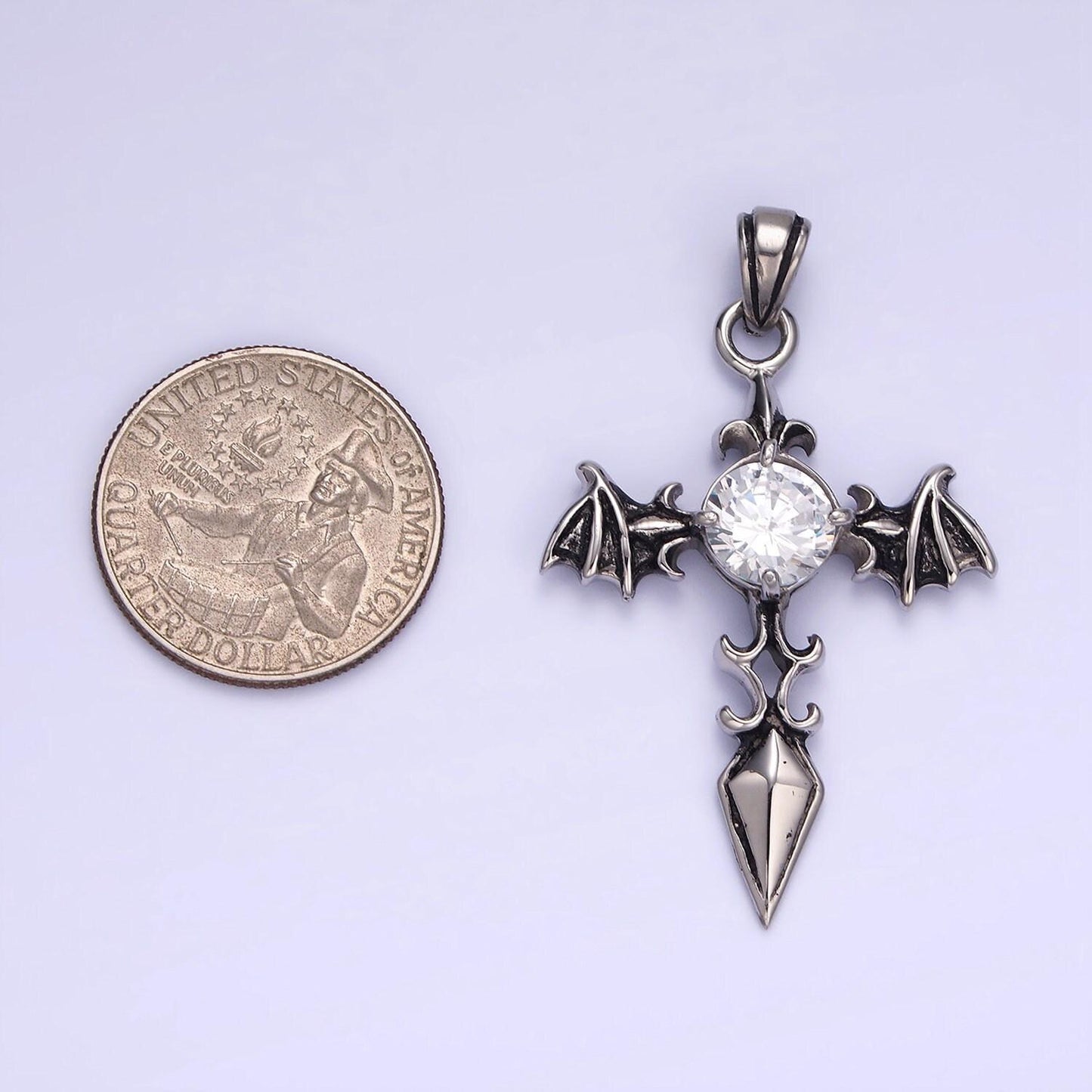 Gothic punk vampire bat wing cross necklace pendant antique silver stainless steel cross wings charm p-1415