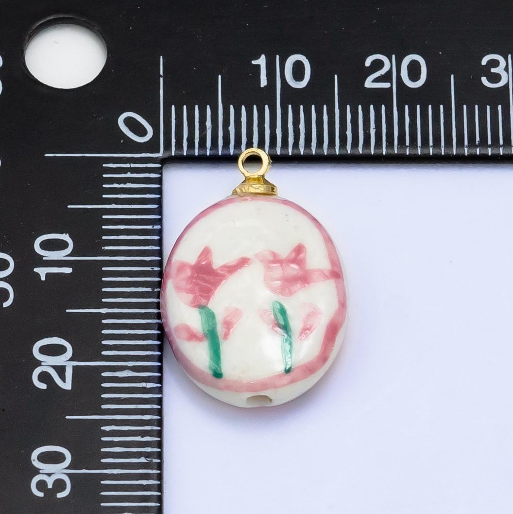 Dainty oval ceramic charm handmade red rose painting ceramic porcelain vintage charm for necklace bracelet jewelry making supply w074