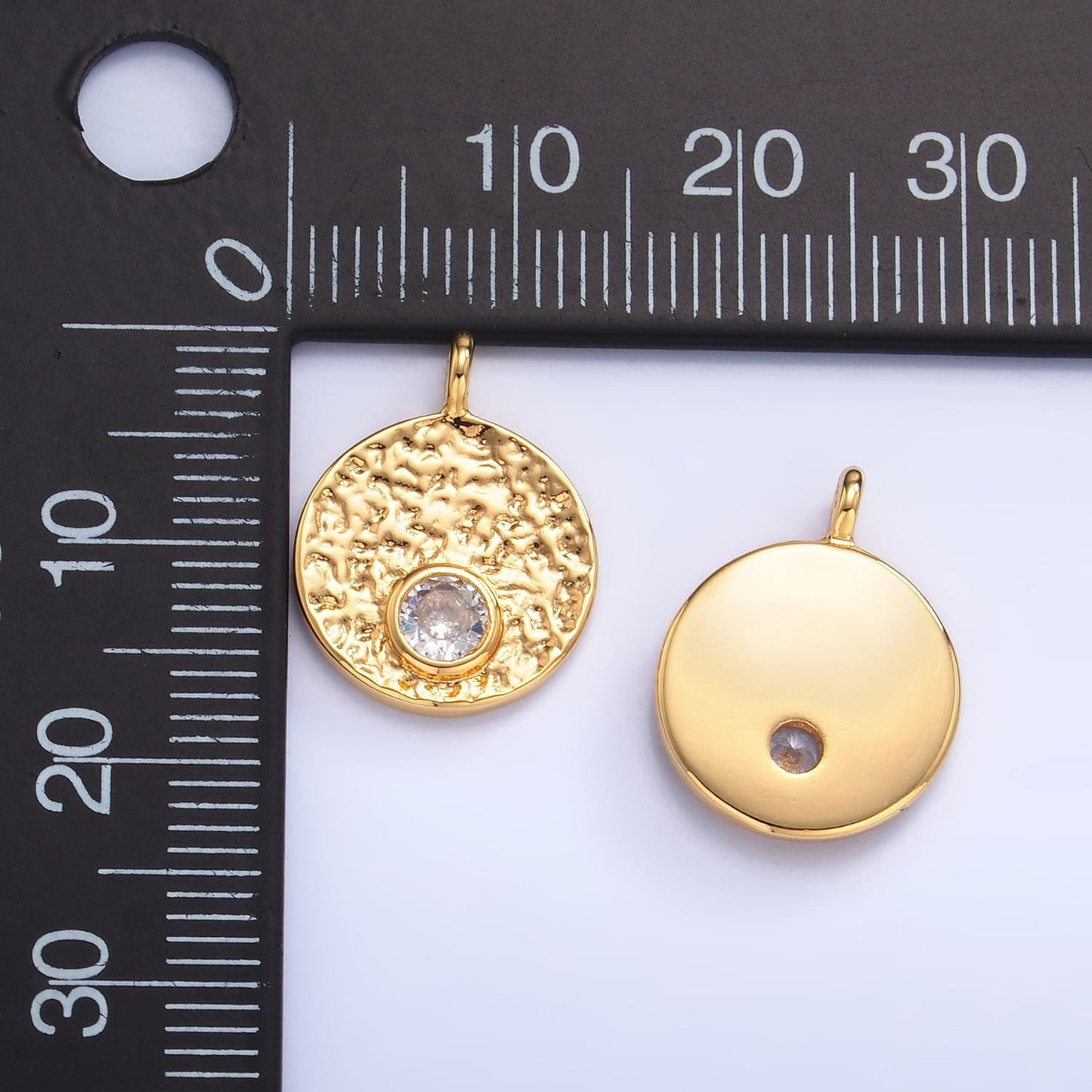 Hammered moon round gold coin charm gold rustic coin pendant size 17.3 x 13.3 mm pendant circle charm with Clear CZ Stone W438