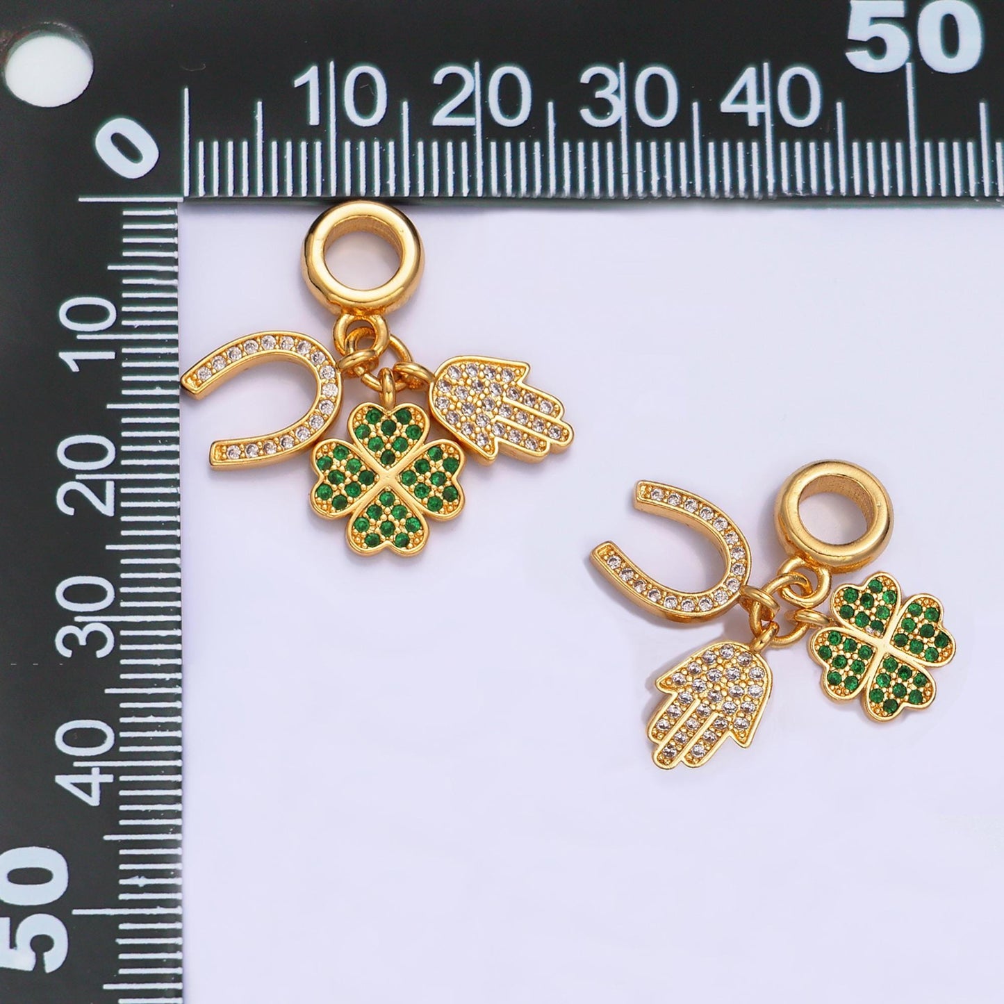 24K Gold Filled CZ Micro Paved Horse Shoe, Green Four Leaf Clover, Hamsa Hand Rondelle Drop Lucky Charms | W421