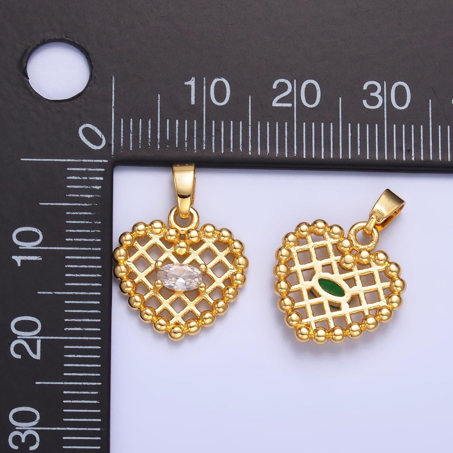 1pc Gold Waffle Heart Beaded Charm Green Cubic Zirconia Love Pendant Charm Bracelet Necklace Charm AA1431