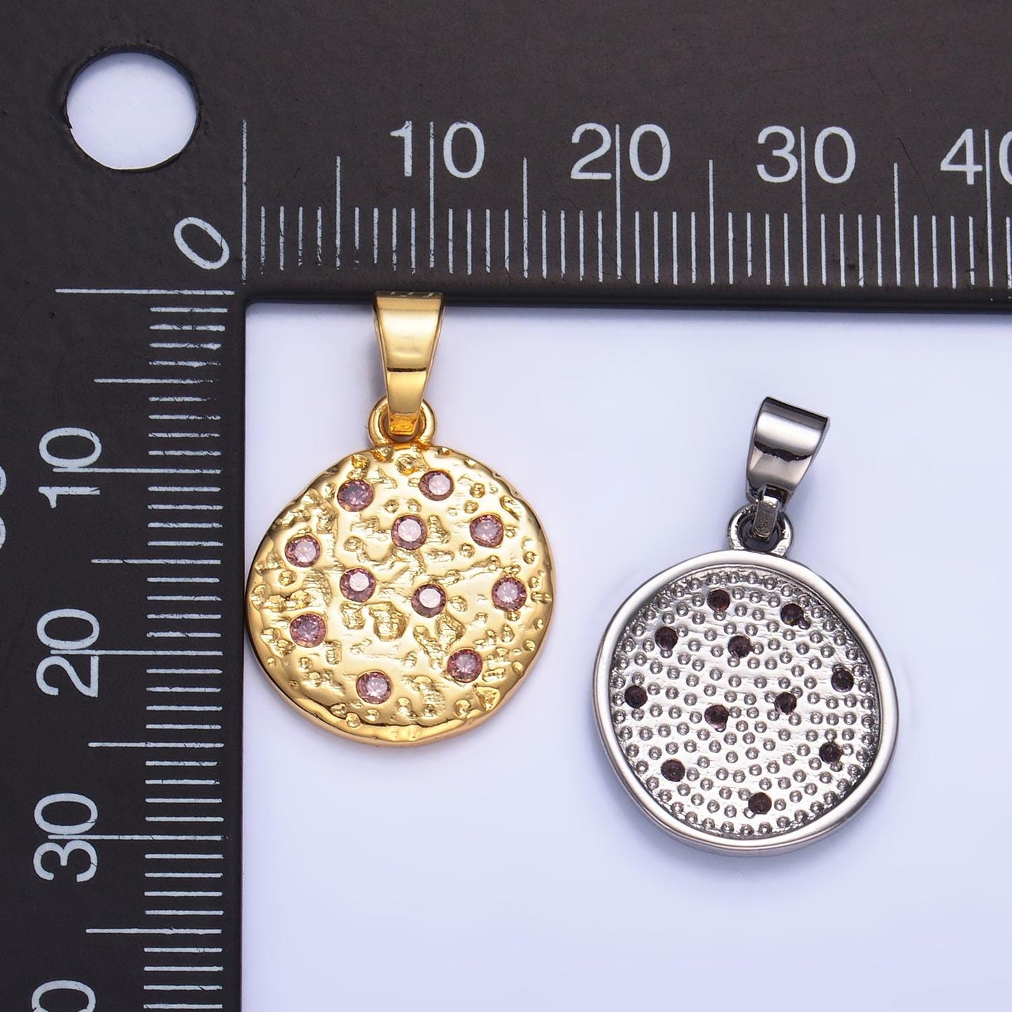 Hammered moon round gold coin charm gold rustic coin pendant size 19.5 x 16.3 mm pendant circle charm with Pink CZ Stone AA1428
