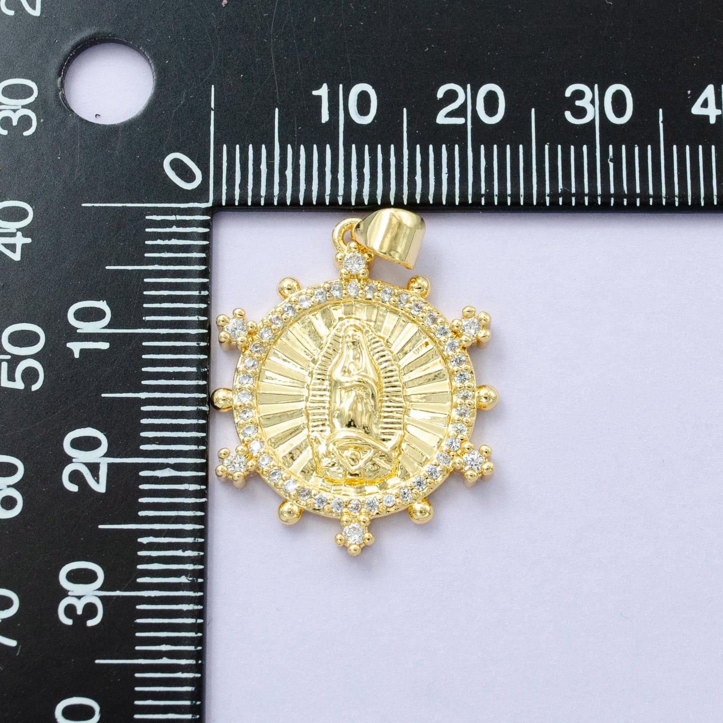 14k Gold Filled Virgin Mary lady Guadalupe sunburst micro paved cz dotted outline pendant | I-775