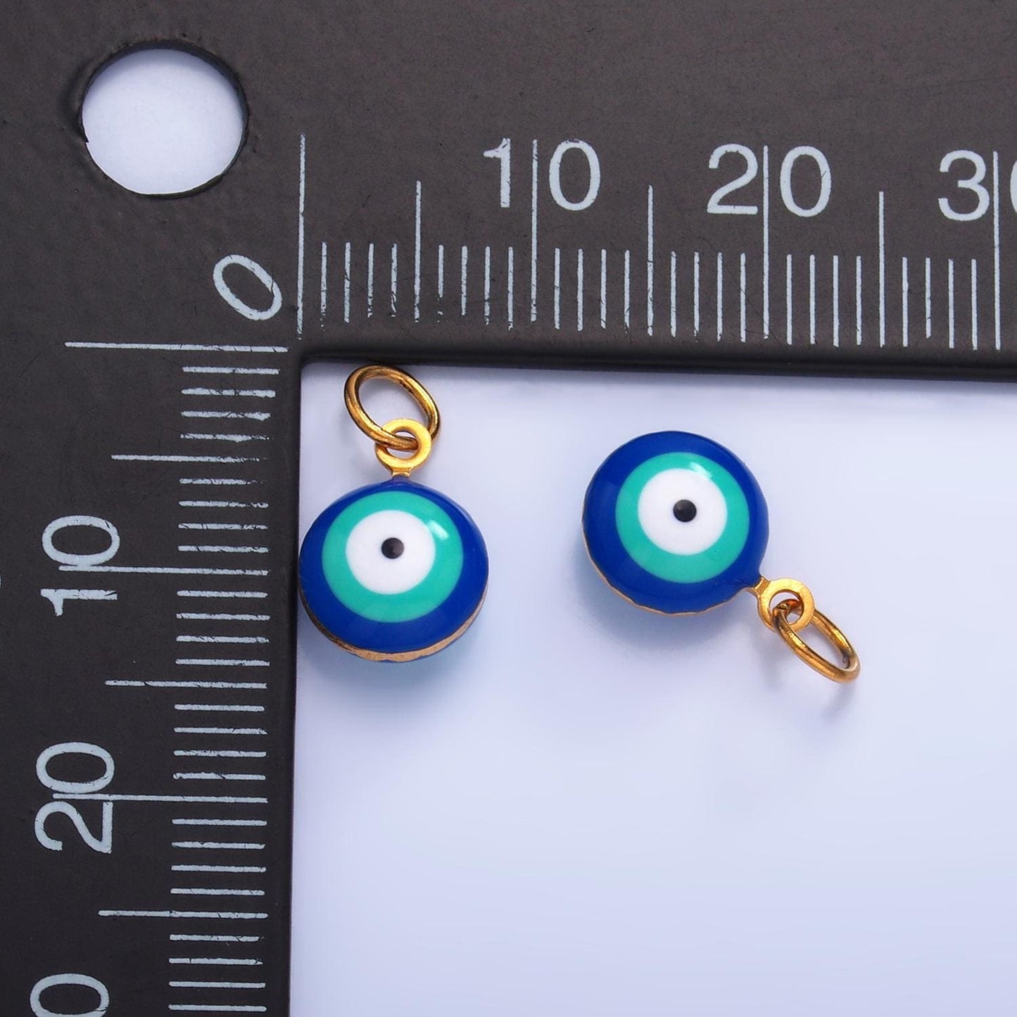 Double Sided Gold Stainless Steel white, blue evil eye enamel 8mm round charm | P729