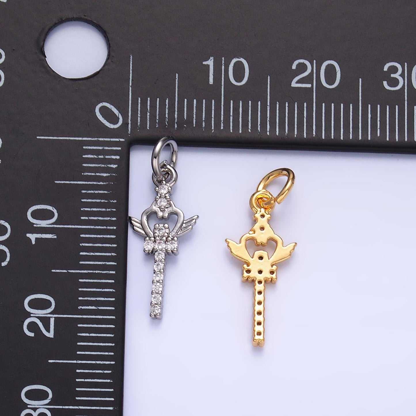 24K Gold Filled Micro Paved CZ Heart Stick Charm in Gold & Silver Moon Sword | W810